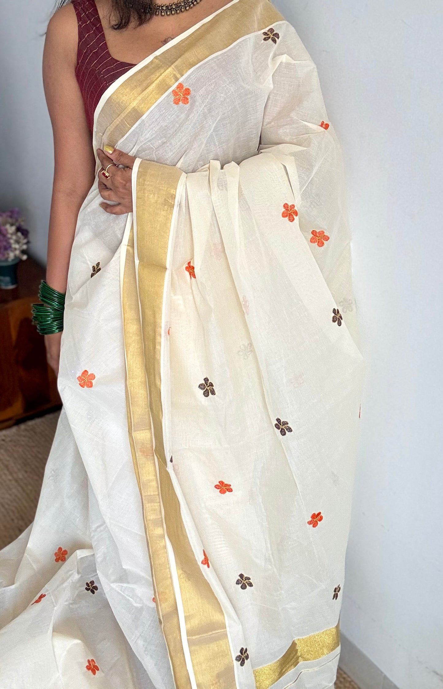Ivory and gold saree with brown and orange floral embroidery - YCIEKCFE311