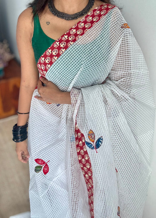 White kota with ajrakh cutwork and border - YCON25TORAK01