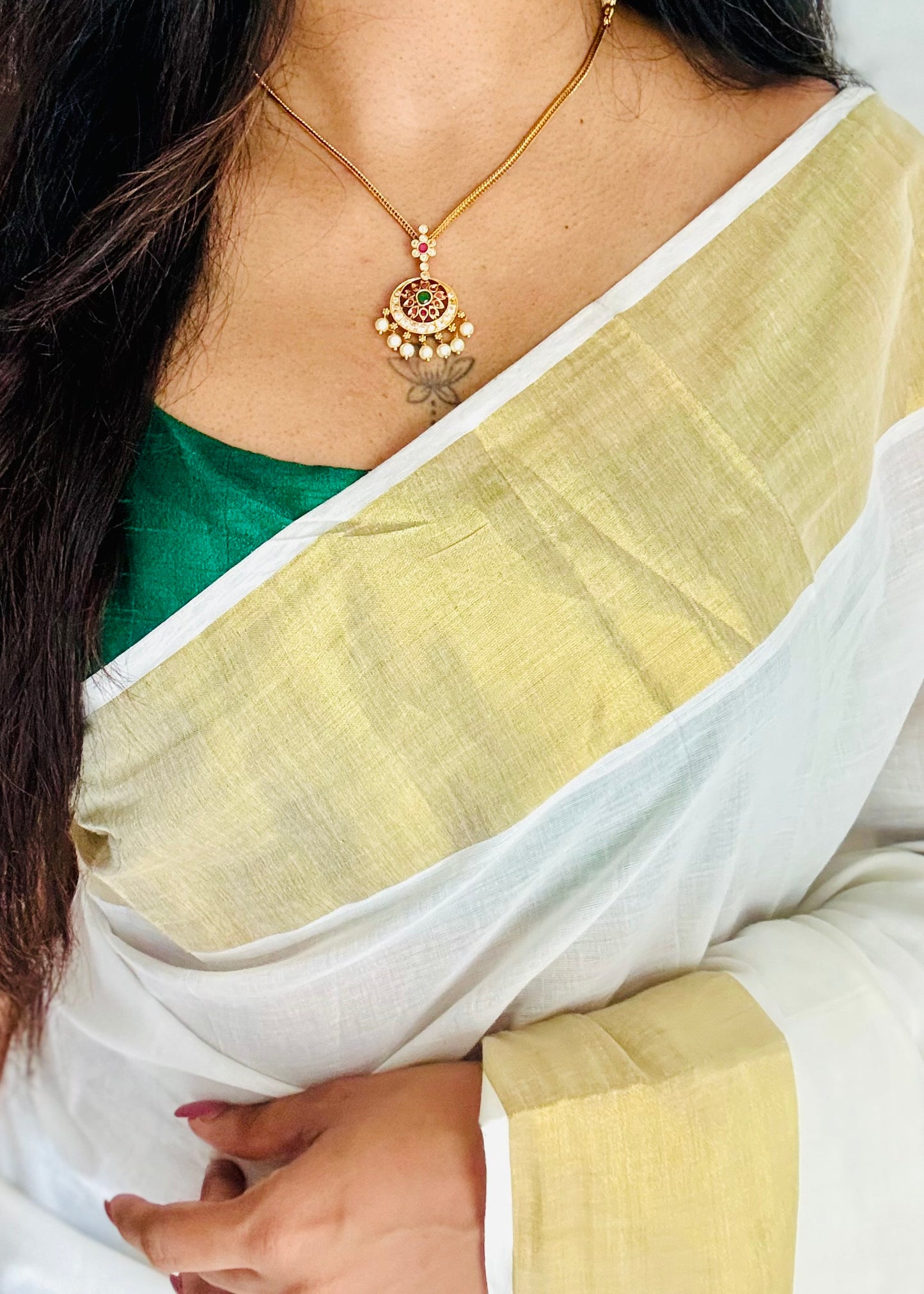 Attigai with ruby, green and white round pendant neckpiece, with earrings - YCGPNP787