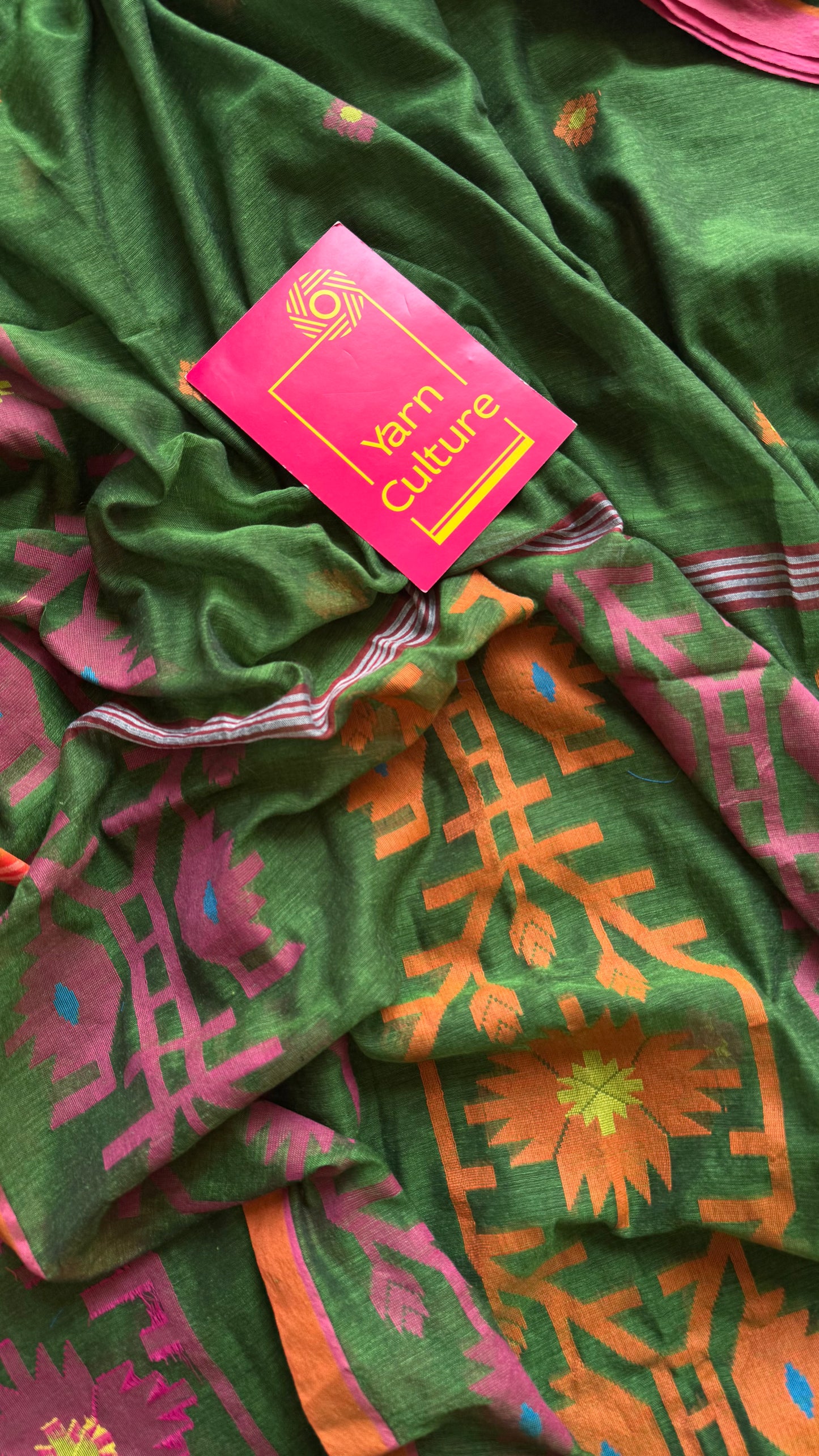 Green with pink and orange jamdani saree in mul cotton - YCBCJDFE383