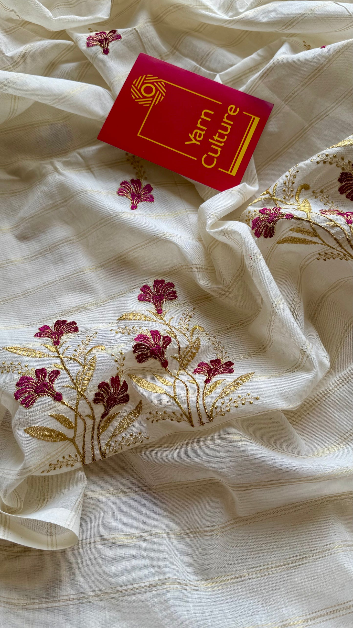 Ivory and gold soft cotton saree, maroon floral embroidery  - YCIEON50