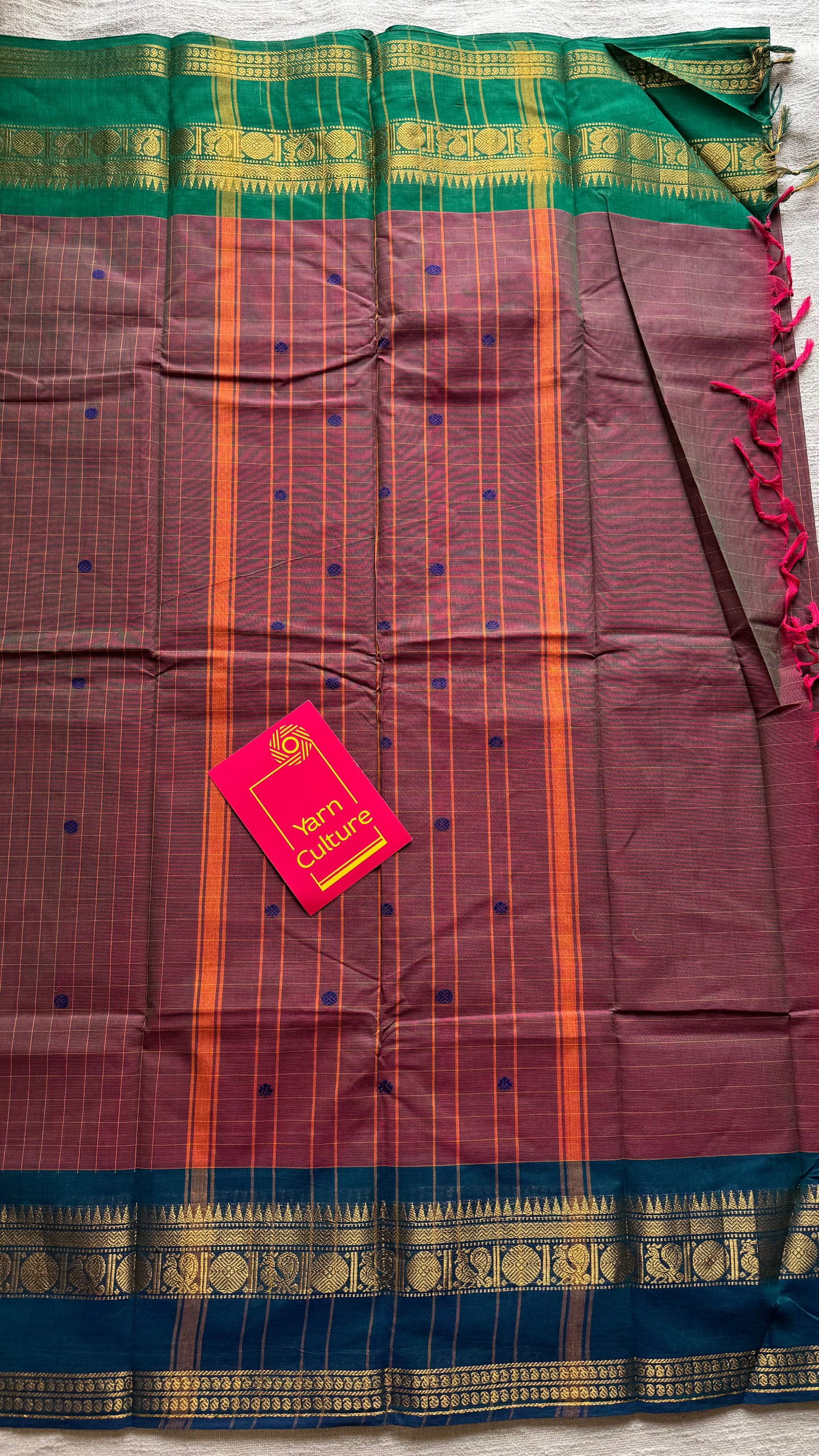 Kanchi cotton saree, light brown checks with green and peacock blue dual toned border - YCCOTNAP77