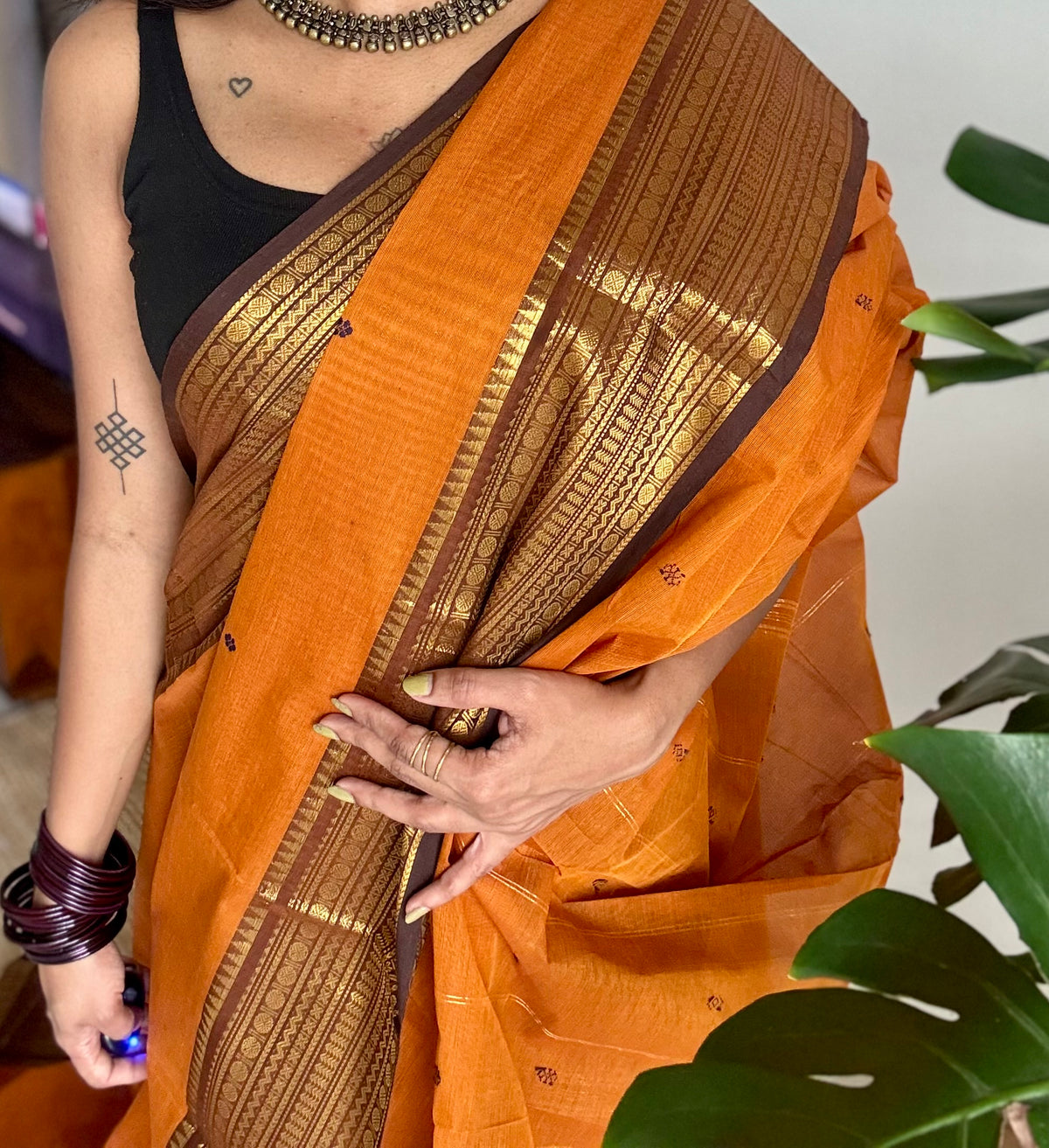 Orange with brown zari border chettinad cotton saree - YCCOTNCKSE16