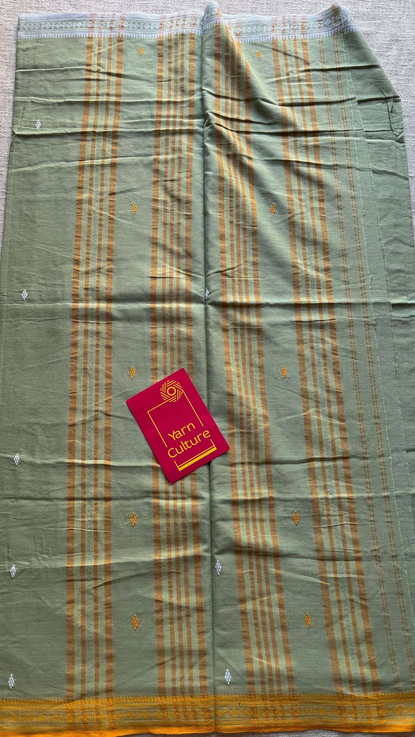Dhonekhali handloom soft cotton saree, sage green with yellow and white woven buttas and border - YCBCDFE260