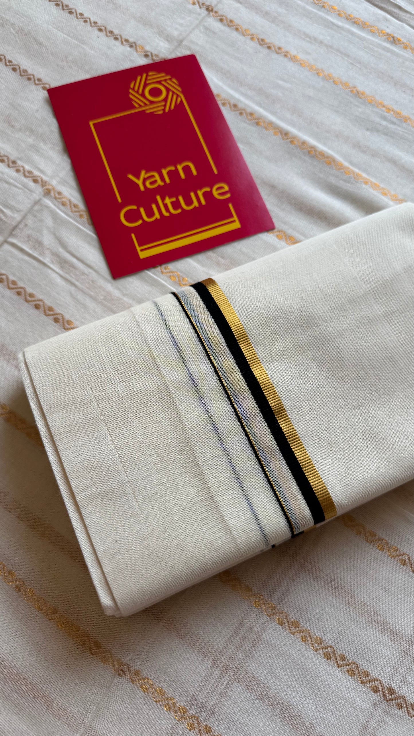 Ivory Chendamangalam Handloom Double Mundu with Black & Gold Kasavu Kara | Soft Cotton Men's Dhoti - YCMSEIE170