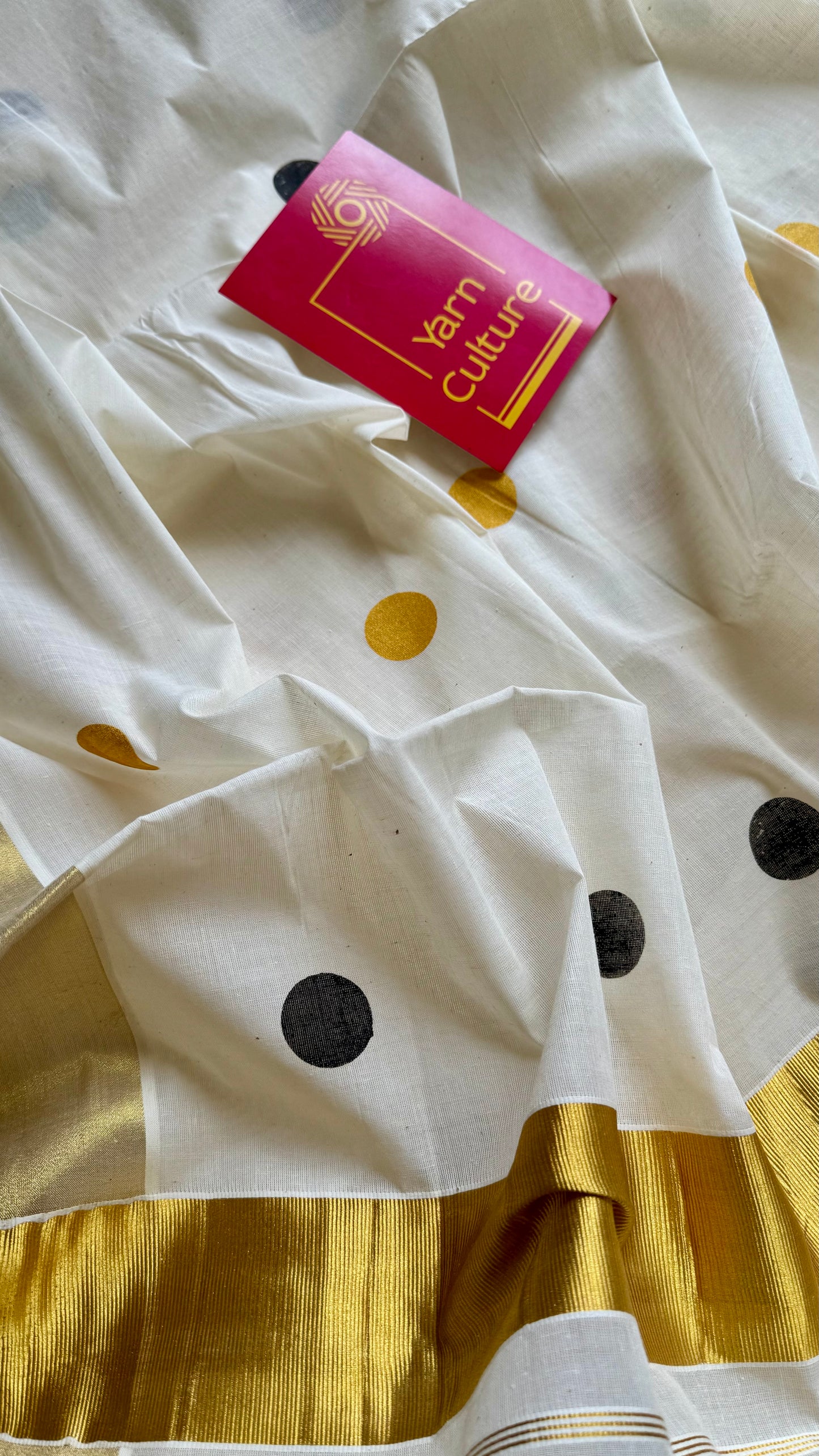 Ivory and gold soft cotton kasavu saree, black and yellow polka - YCIEON72
