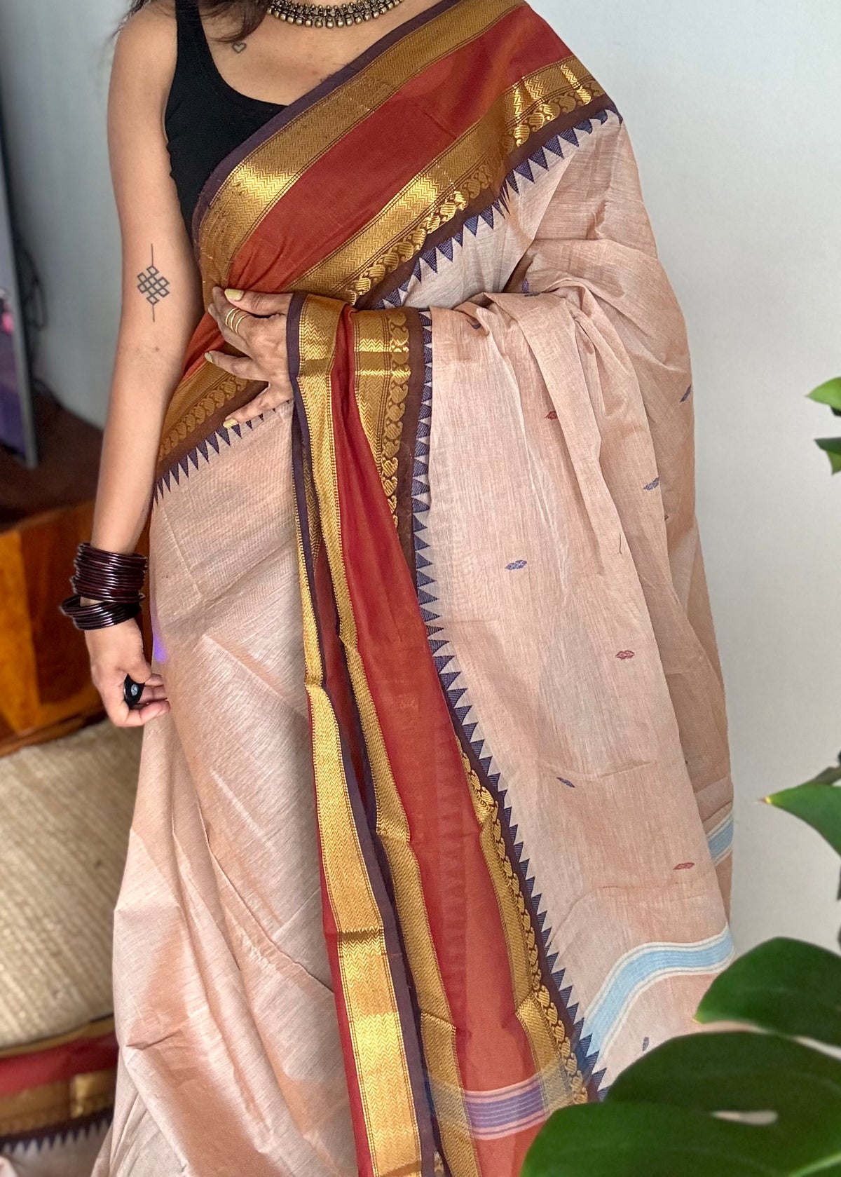 Beige with rust orange and brown zari border kanchi cotton saree - YCCOTNCKSE19
