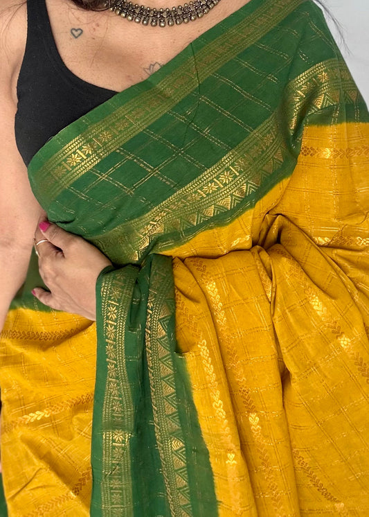 Ginger yellow with dark green, Adayar checks with velthaari pattern, madurai cotton - YCCOTNOCSC04