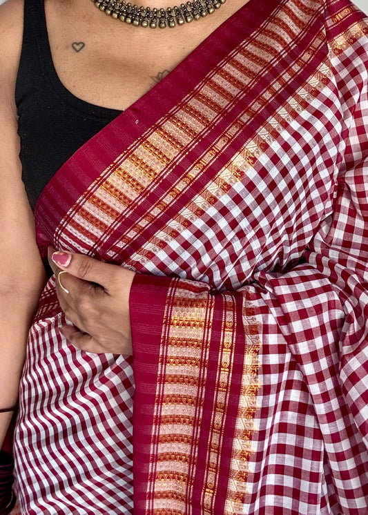 llkal dark maroon and white checks with chikki paras border, soft cotton with art silk blend - YCLOKICAP231
