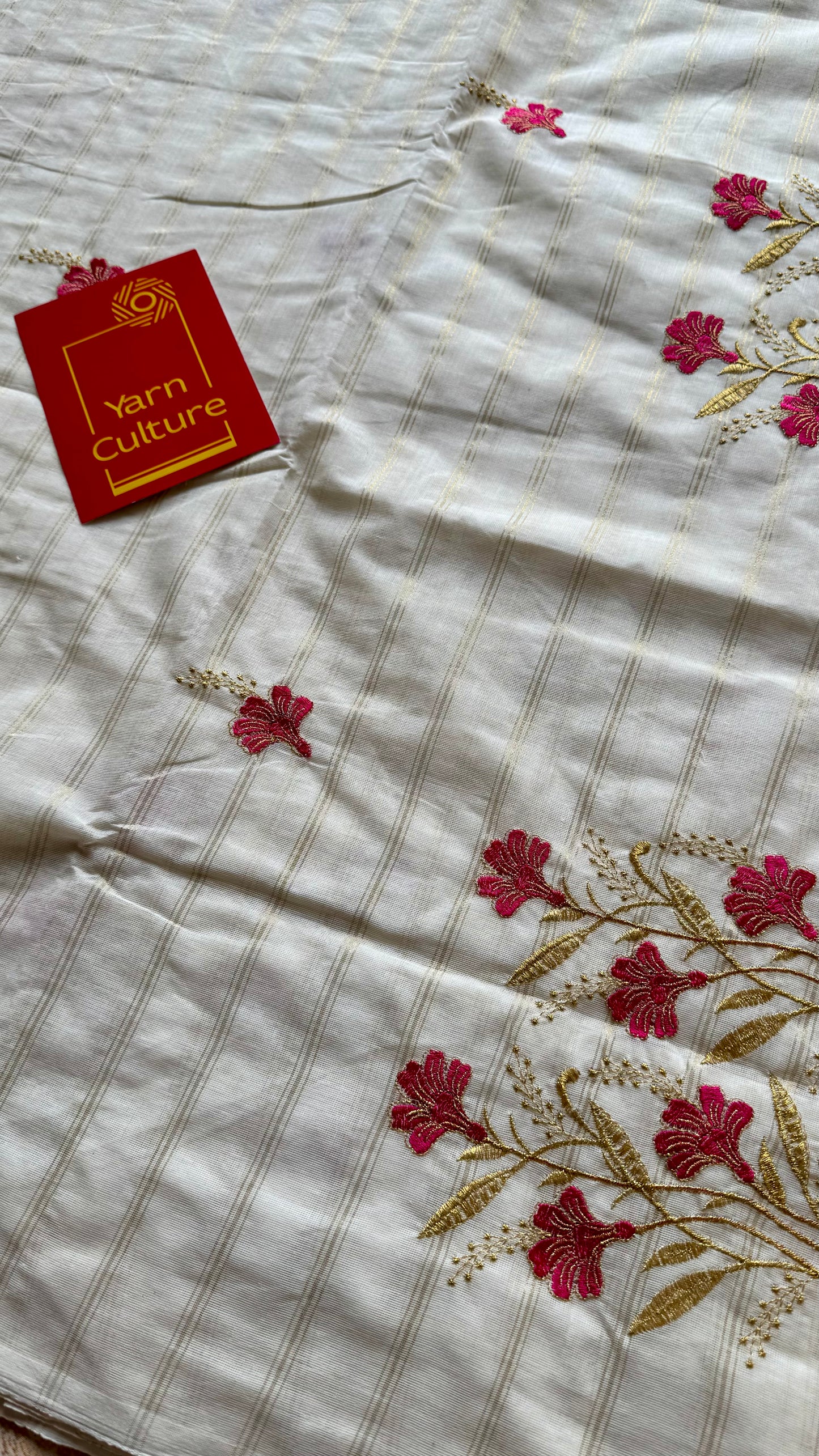 Ivory and gold soft cotton saree, hot pink floral embroidery  - YCIEON54
