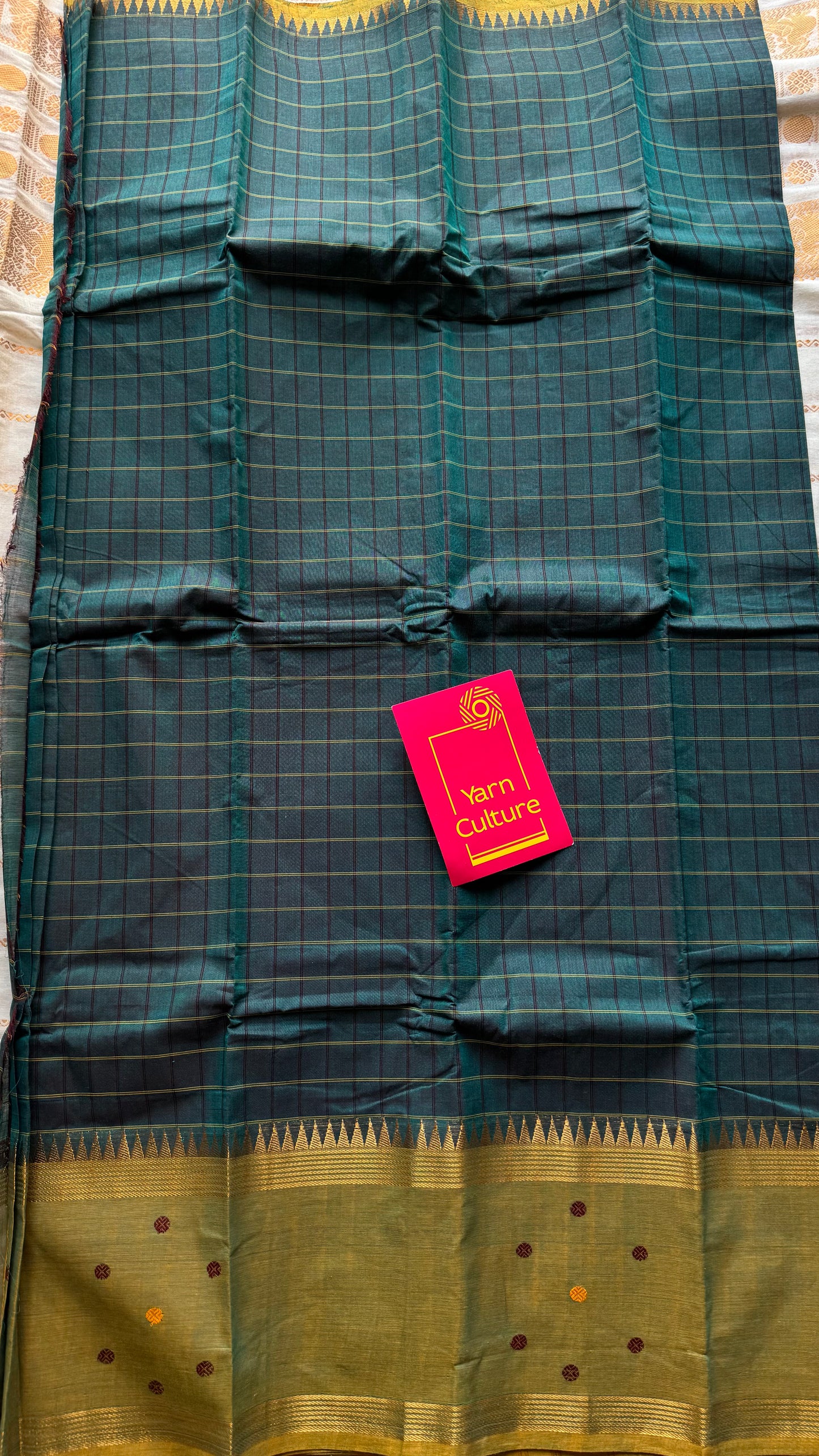 Dark teal and light green contrast, checkered Chettinad cotton saree - YCCOTNMA269