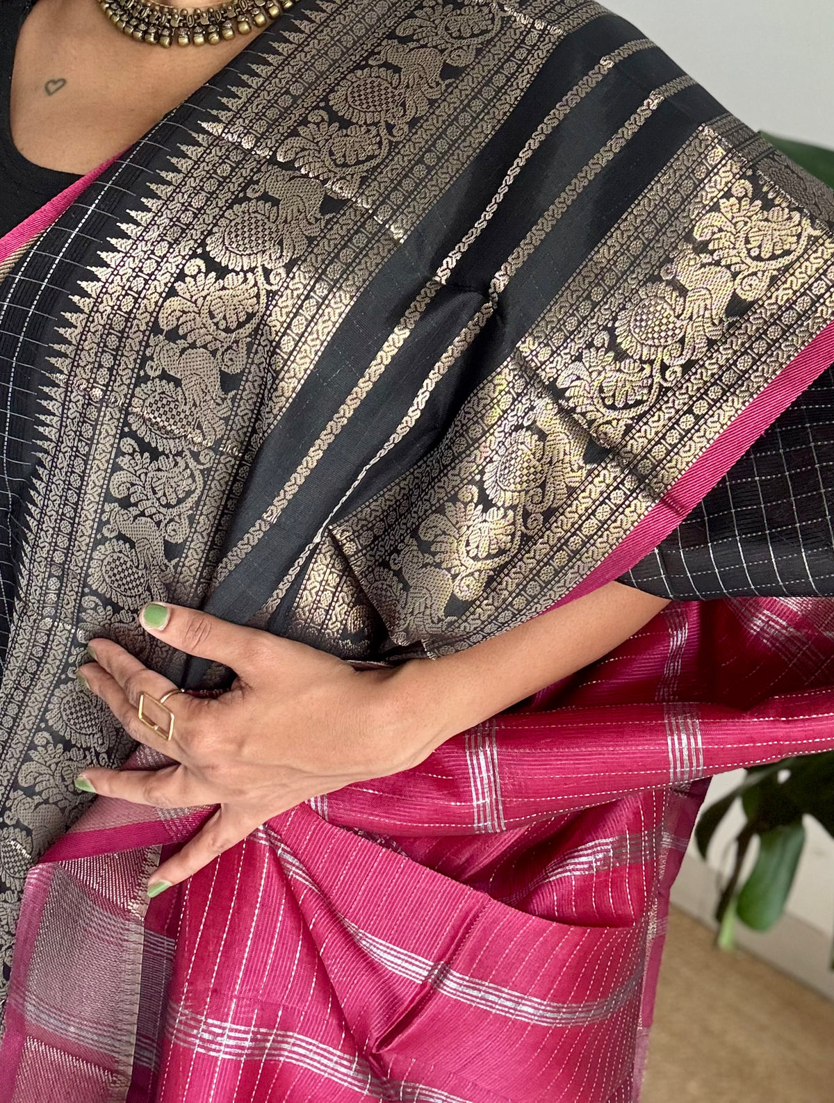 Black with dark pink silver zari checks, silver and gold peacock woven zari border, mangalgiri silk cotton, handwoven, soft, light weight - YCWOTDMSCOC123