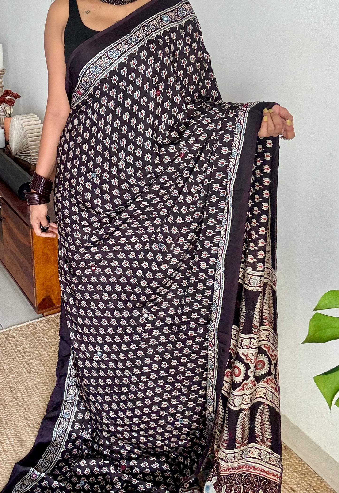 Black pure modal silk saree with ajrakh handblock print and mirror work - YCTOKAJM337