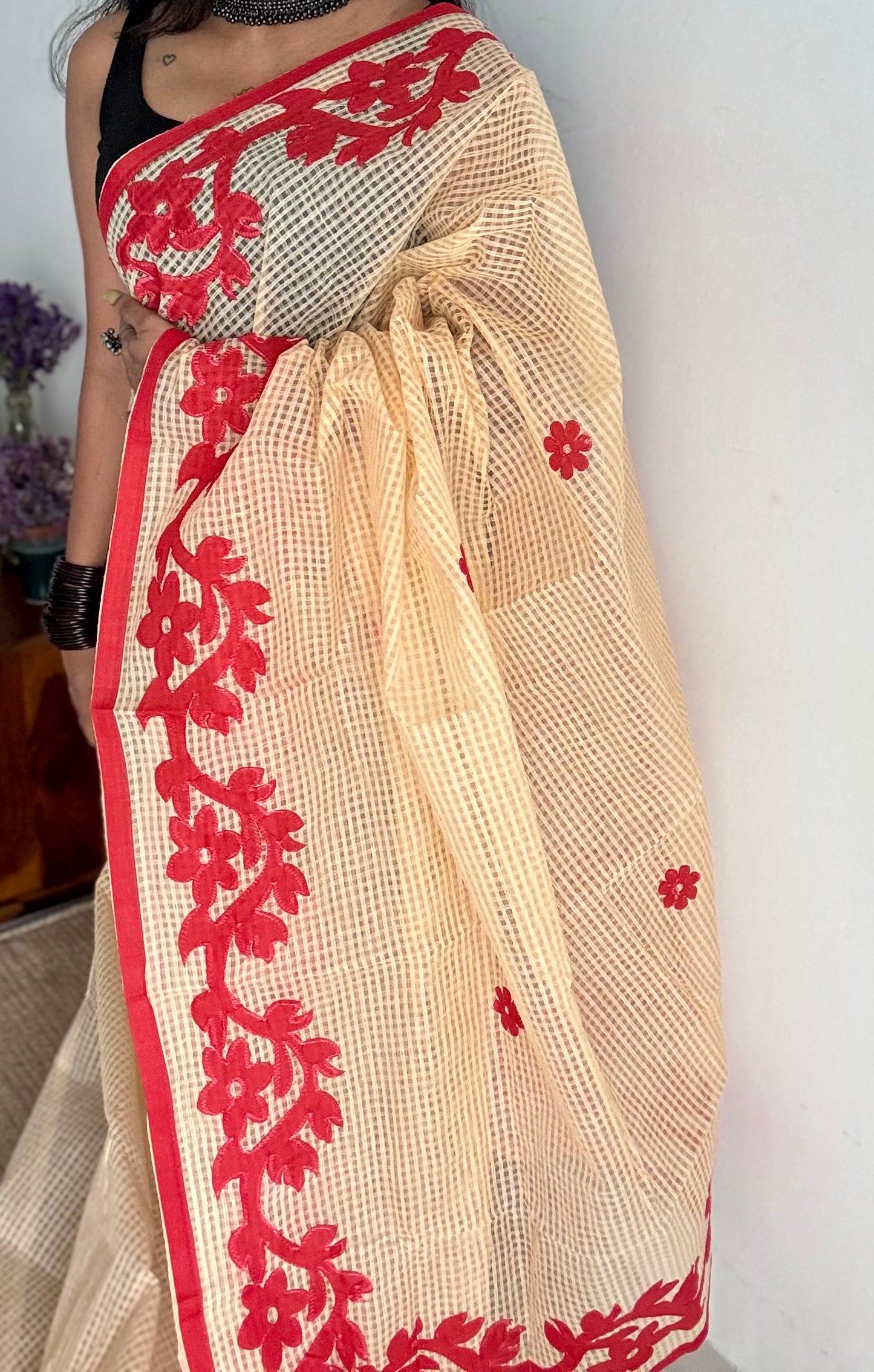 Rabdi Rose - cream kota saree with red floral cut work - YCTORKDAP14