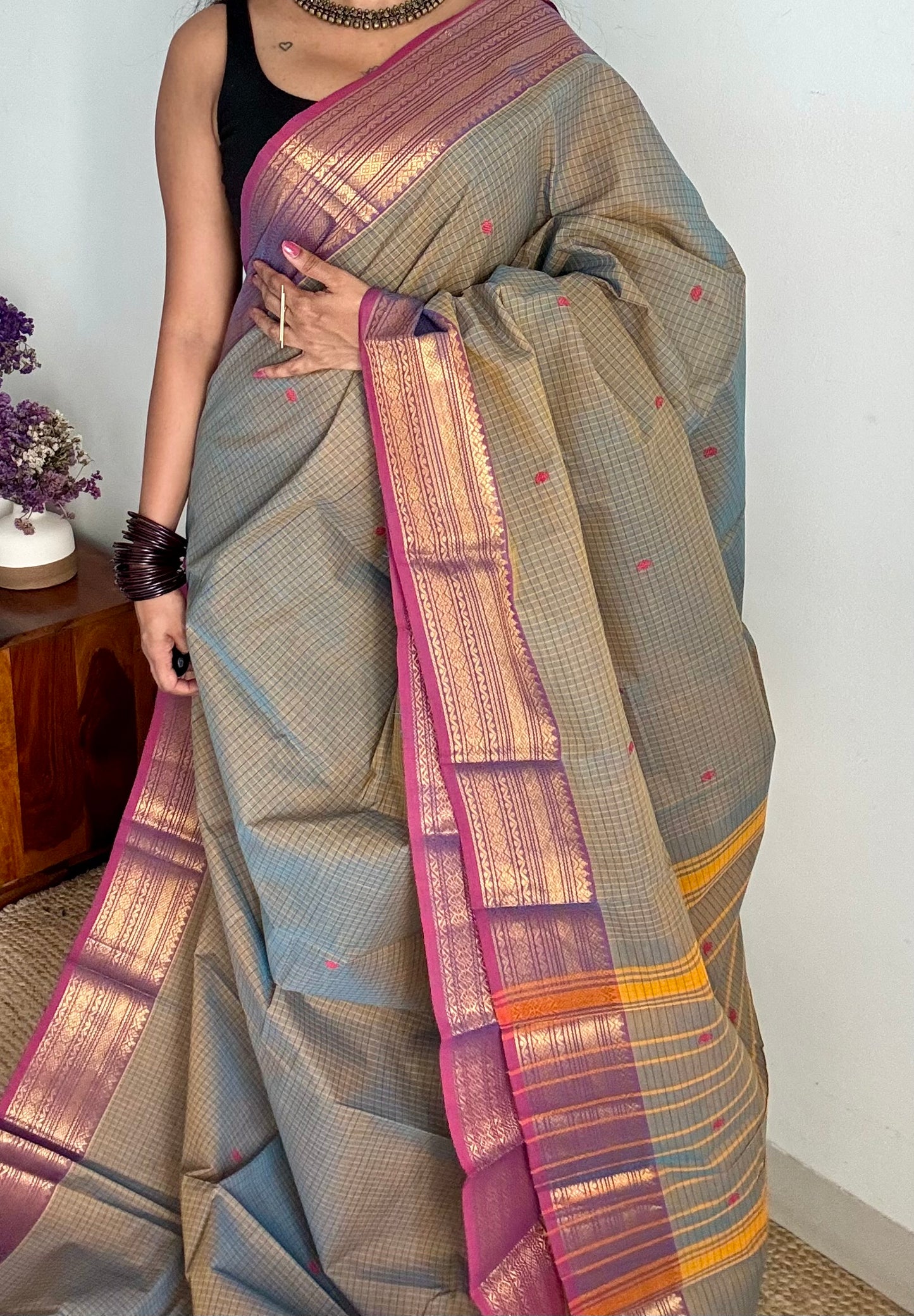 Grey and magenta purple contrast, checkered Chettinad cotton saree - YCCOTNMA263