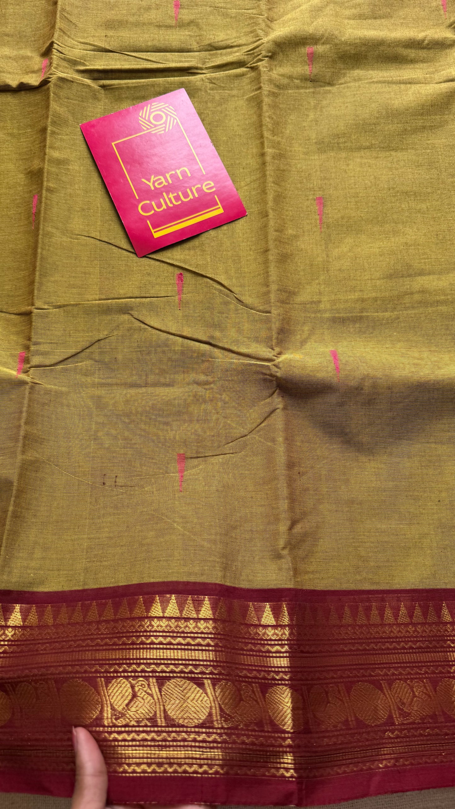 Kanchi cotton saree, parrot green with dark red zari border - YCCOTNAP83