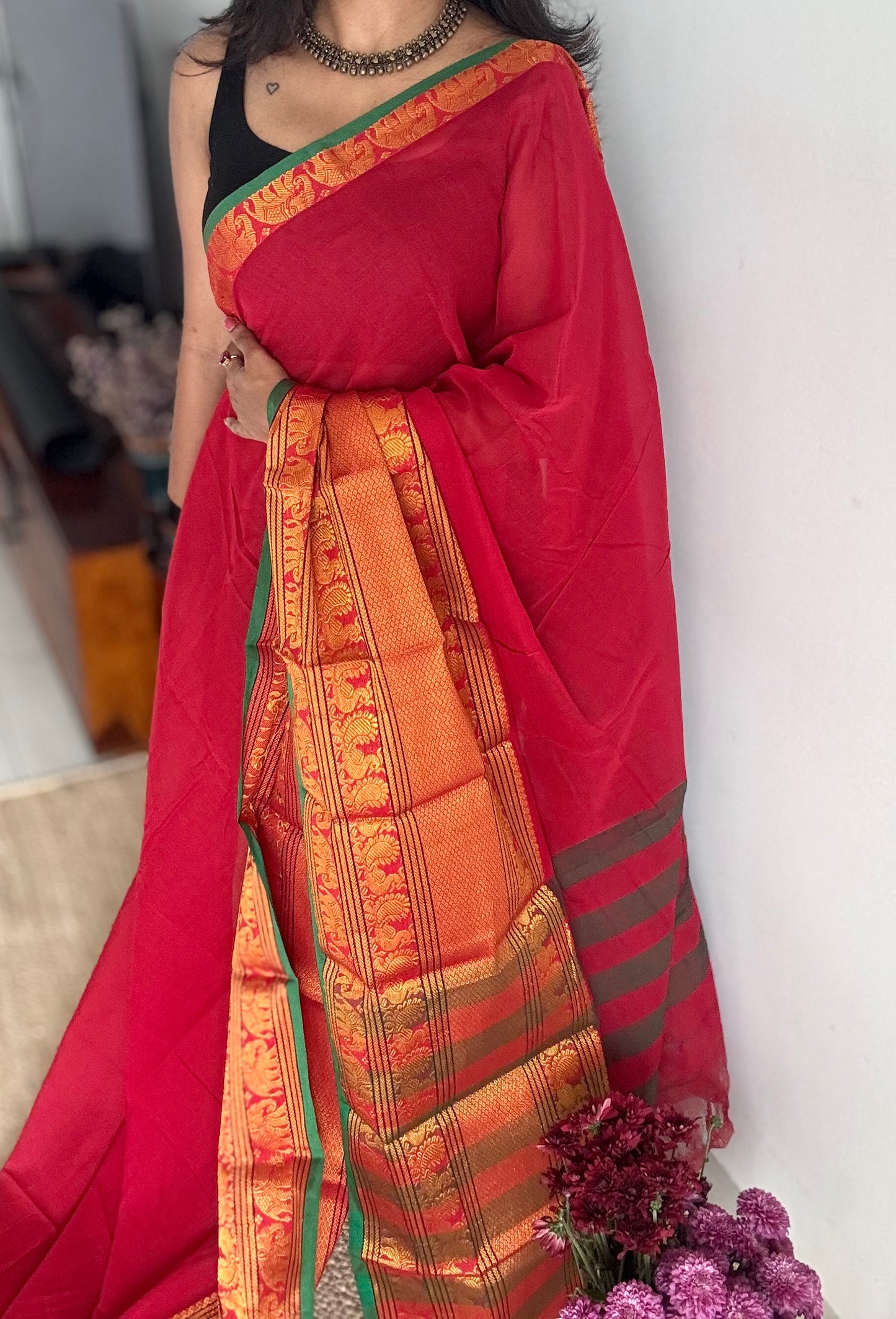 Red with broad zari border, premium narayanpet, soft cotton - YCWOTDFEBB07