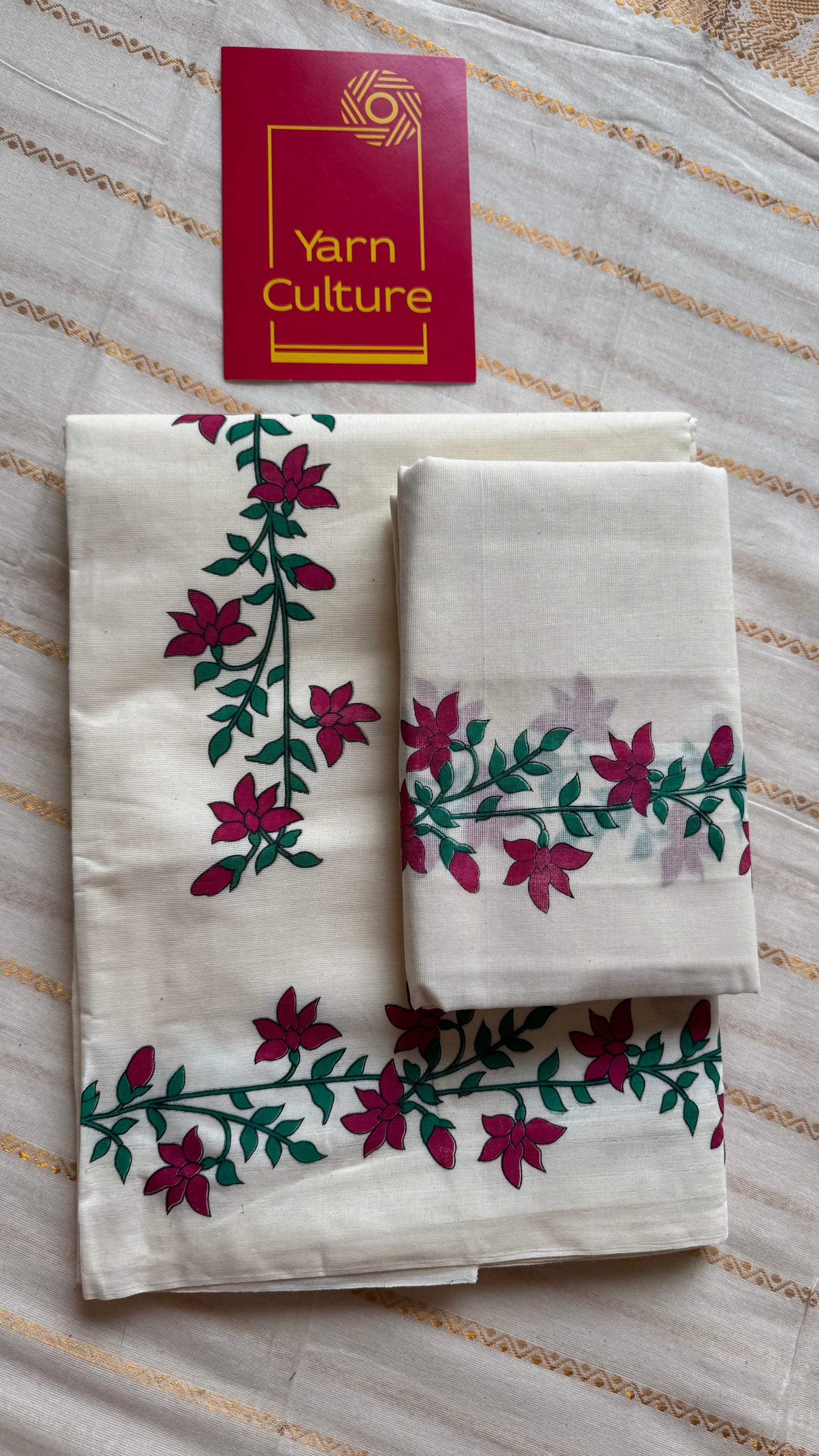 Set mund (double), dark pink and green floral vines  - YCIEON128
