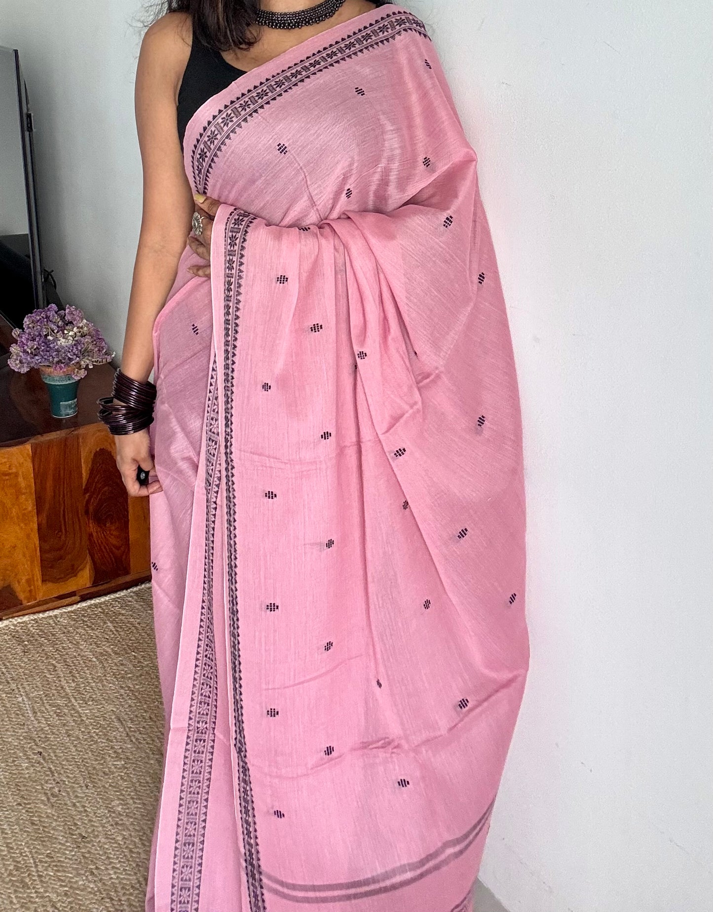 Dhonekhali handloom soft cotton saree, powder pink with black woven buttas and border - YCBCDFE249