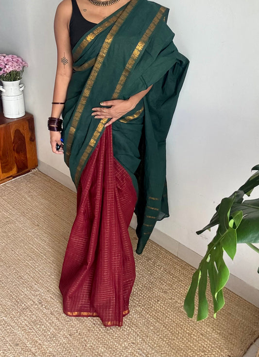 Dark green with maroon, sungudi cotton half and half saree - YCCOTNIDOC157