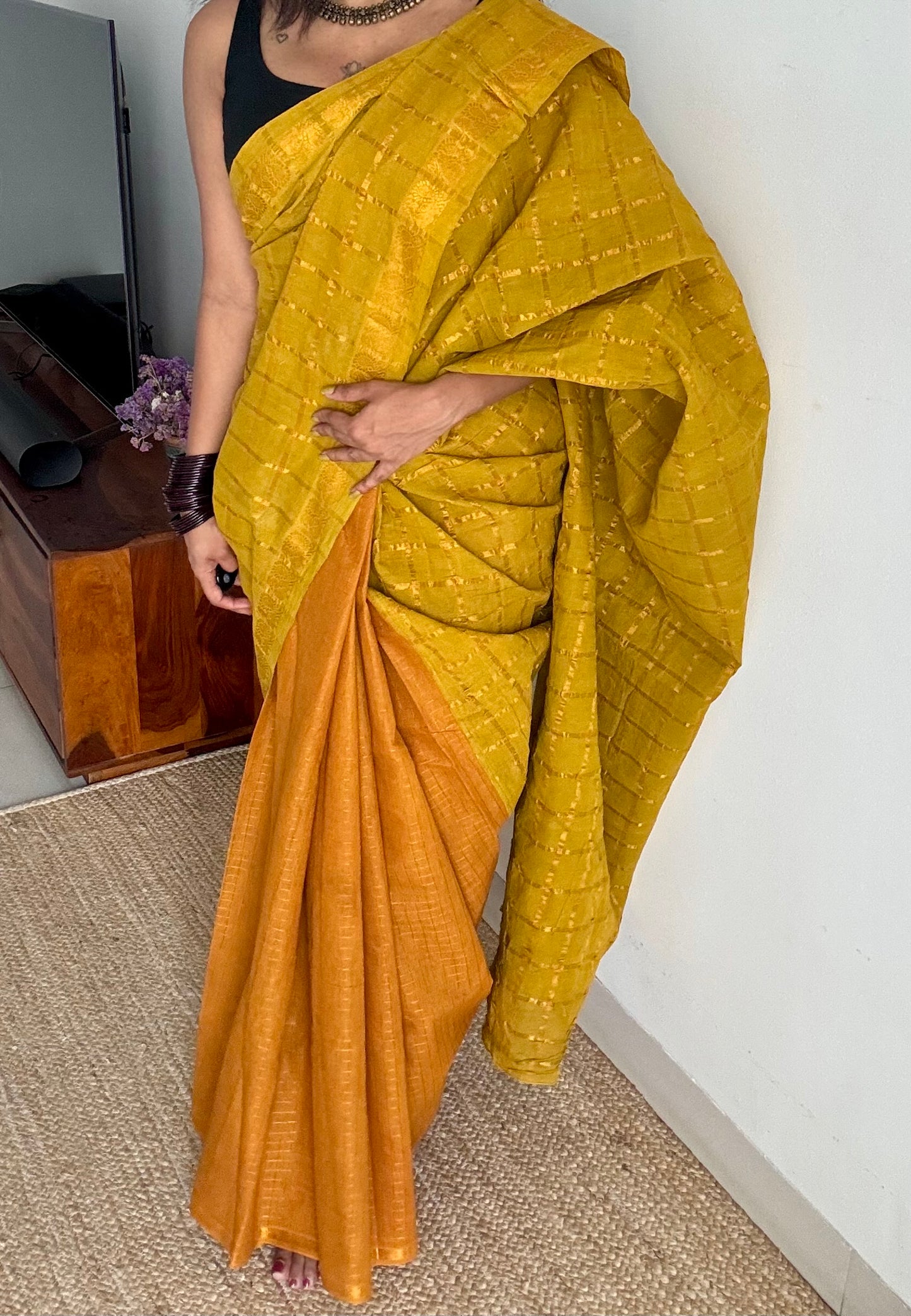 Light green with turmeric yellow, sungudi cotton half-half saree - YCCOTNMSFE369