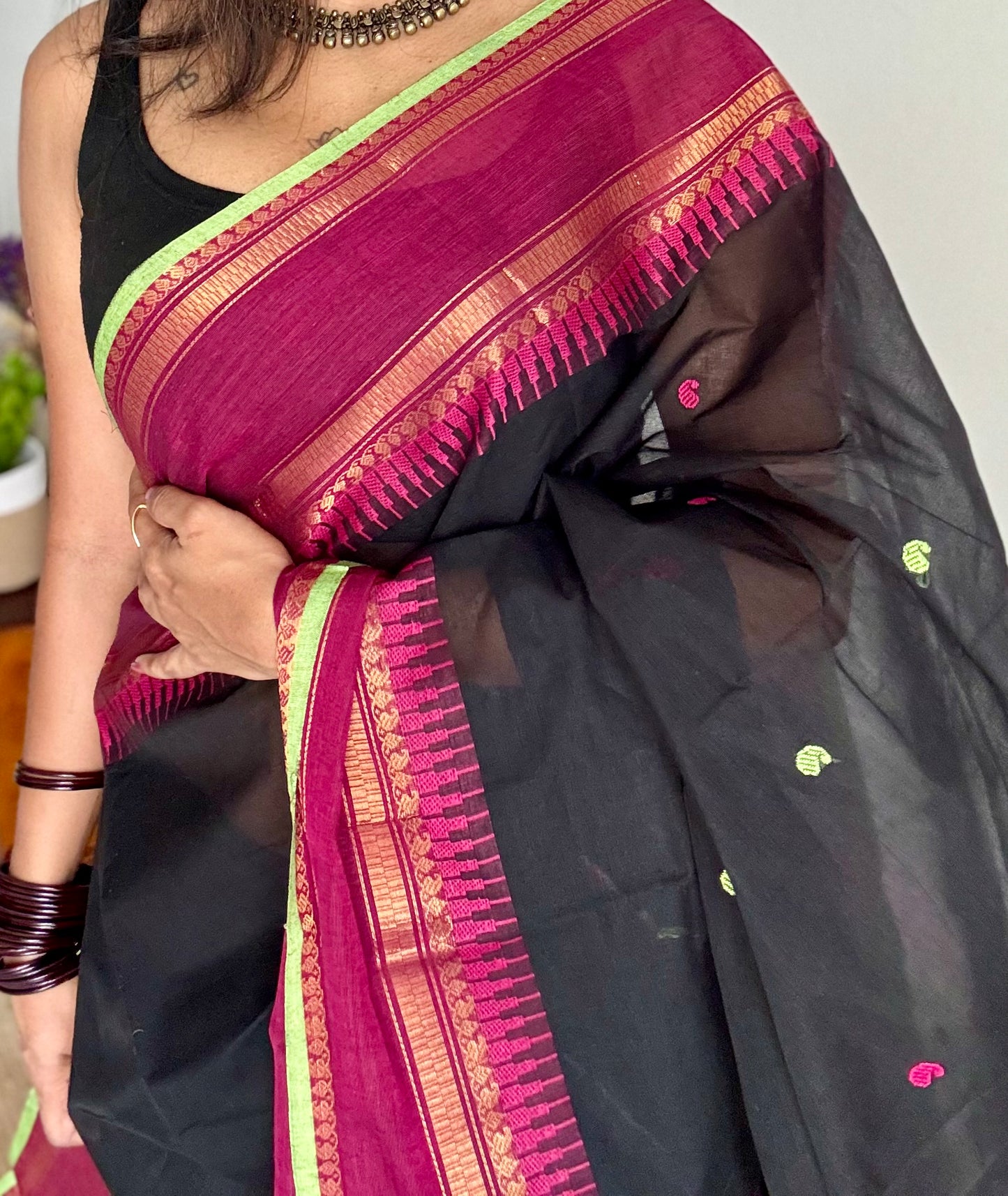 Kanchi cotton saree, black with magenta and pista green border - YCCOTNAP84
