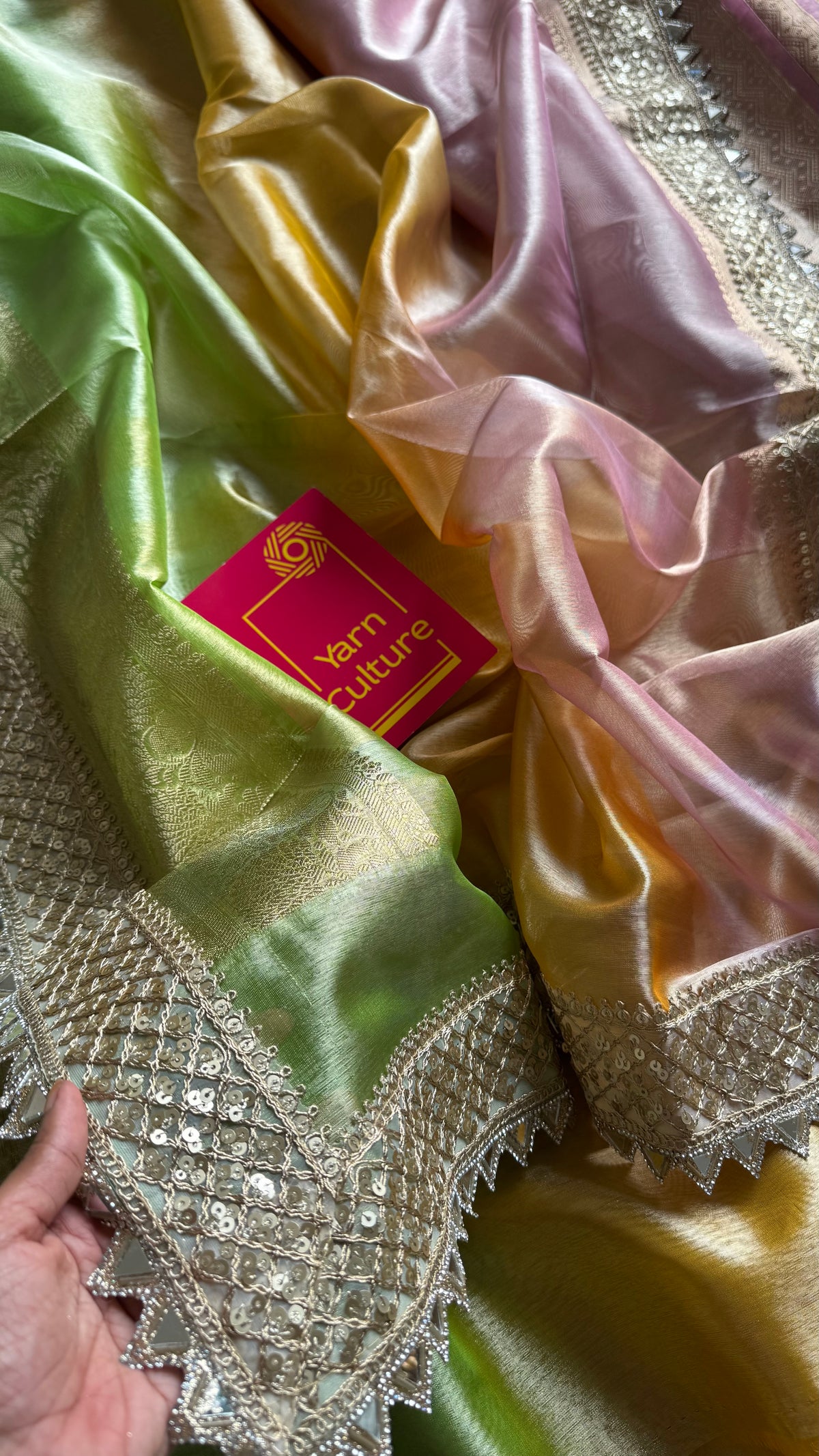 Pastel pink, green and yellow tissue Banarasi saree with embellished mirror border - YCBLTOC73