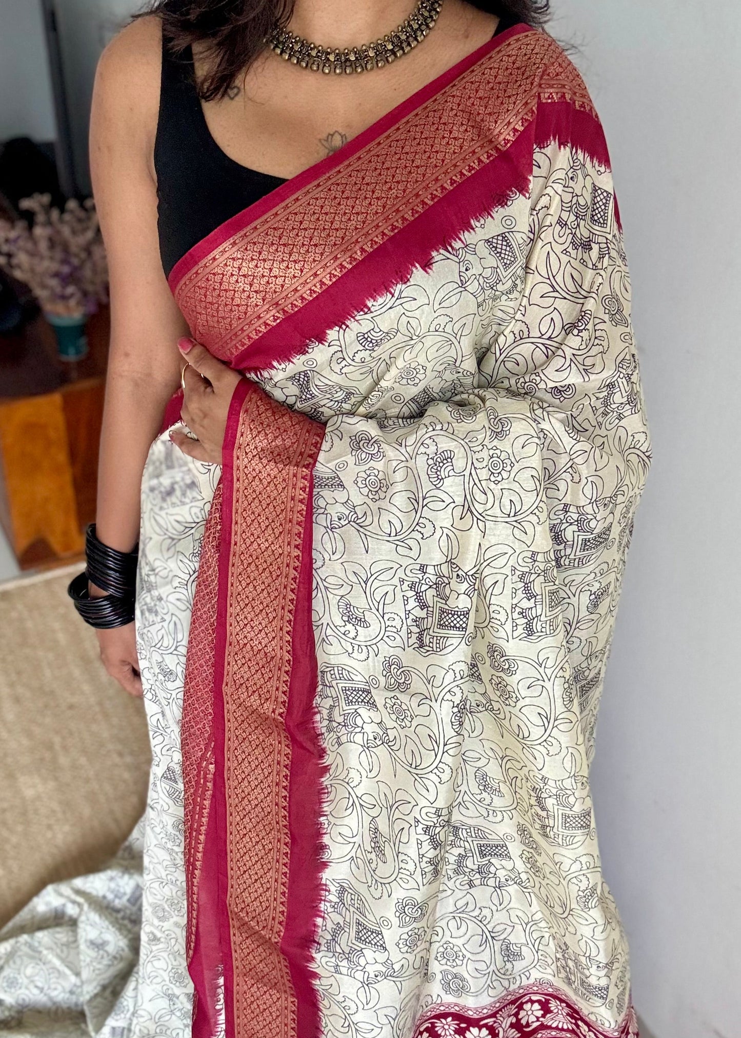 White and red contrast, printed kalamkari, semi-tussar - YCWOTDSTK03