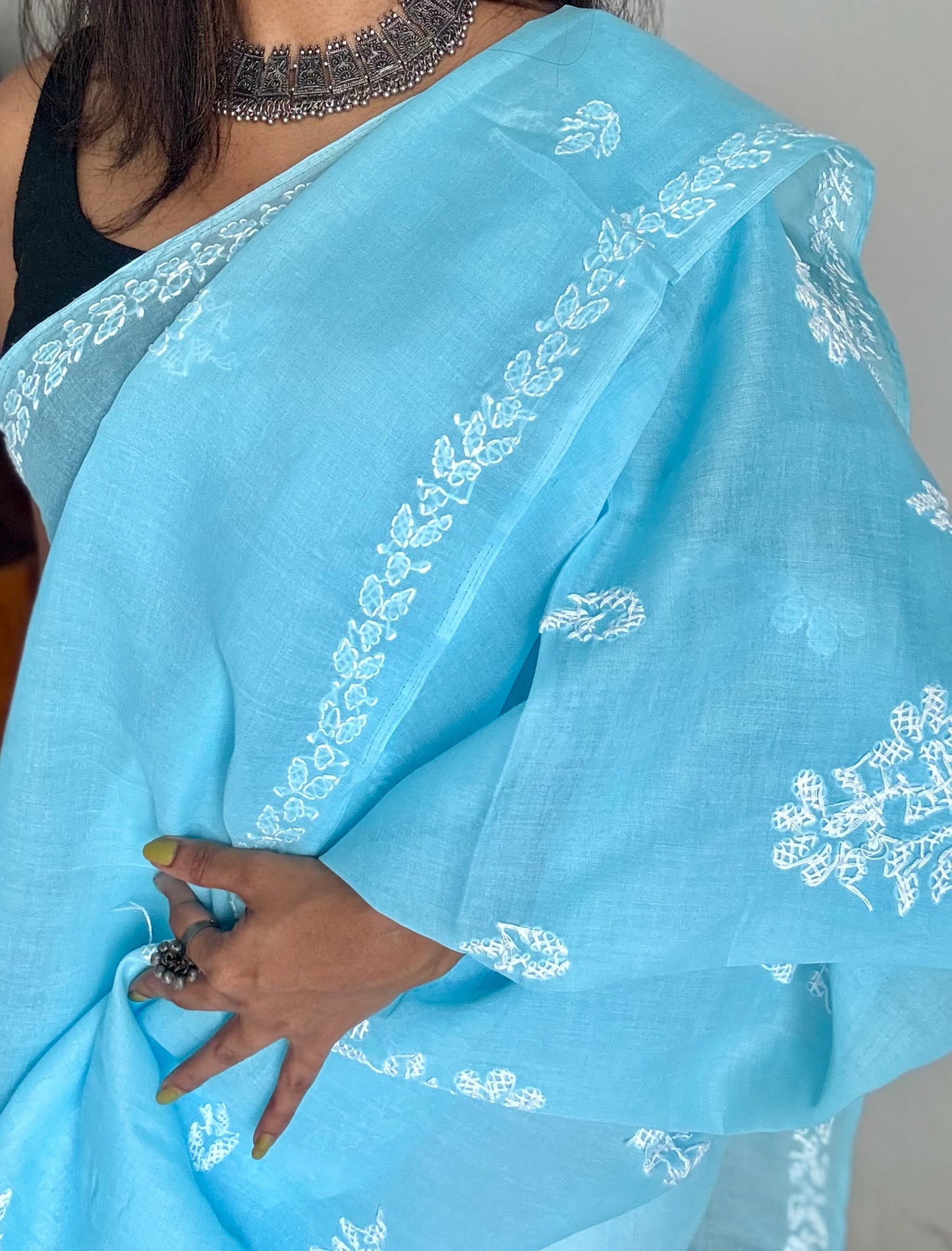 Falak - sky blue hand-embroidered chikankari cotton saree - YCLCKFE424