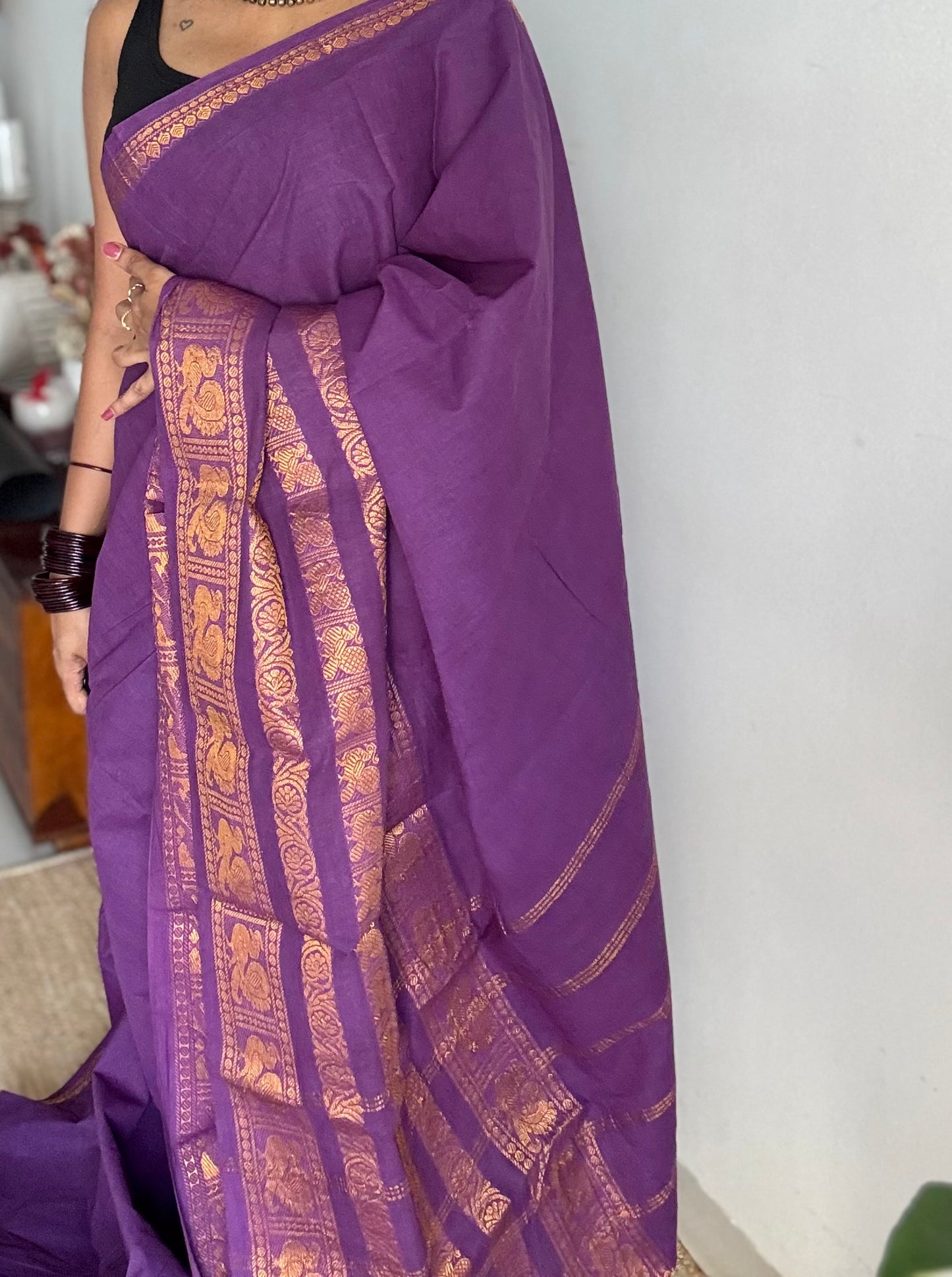 Purple long border sungudi, kattuchayam dyed madurai cotton - YCCOTNMSAP133