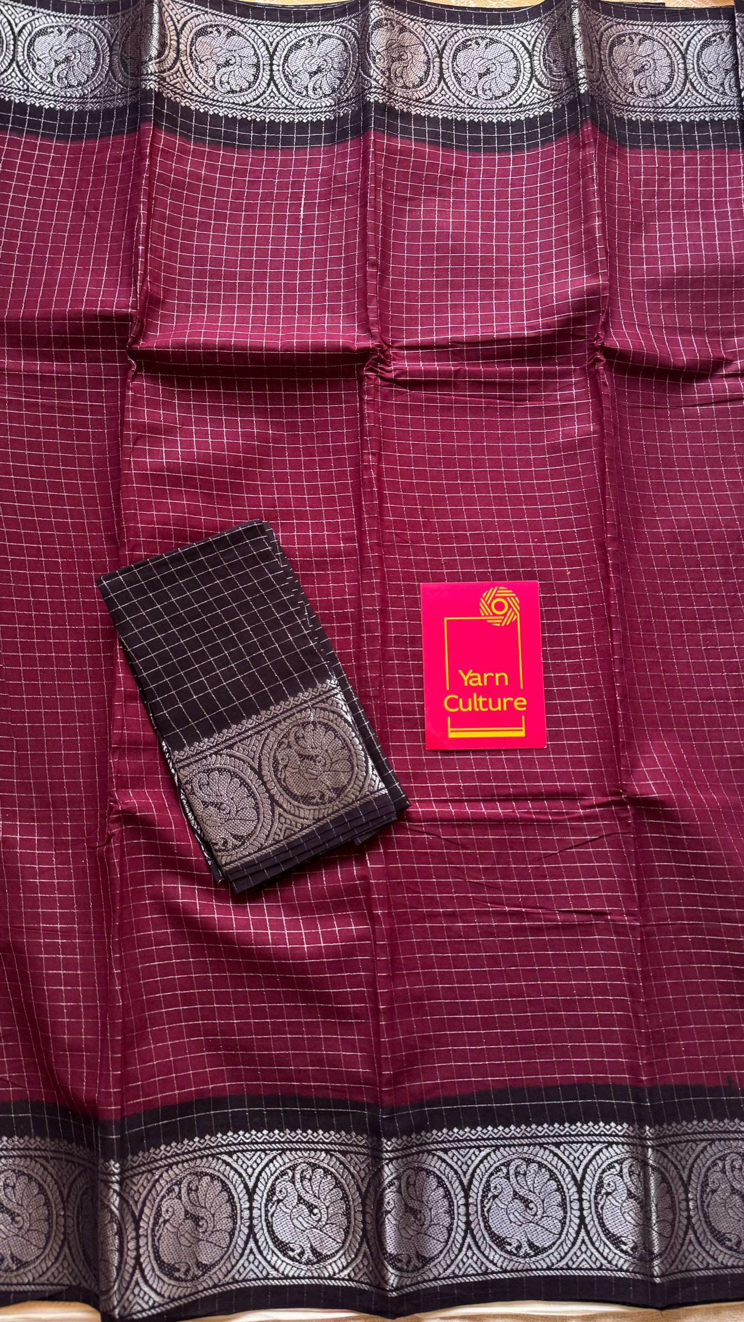 Dark wine with black, silver zari checkered sungudi, kattuchayam dyed madurai cotton - YCCOTNMSAP103