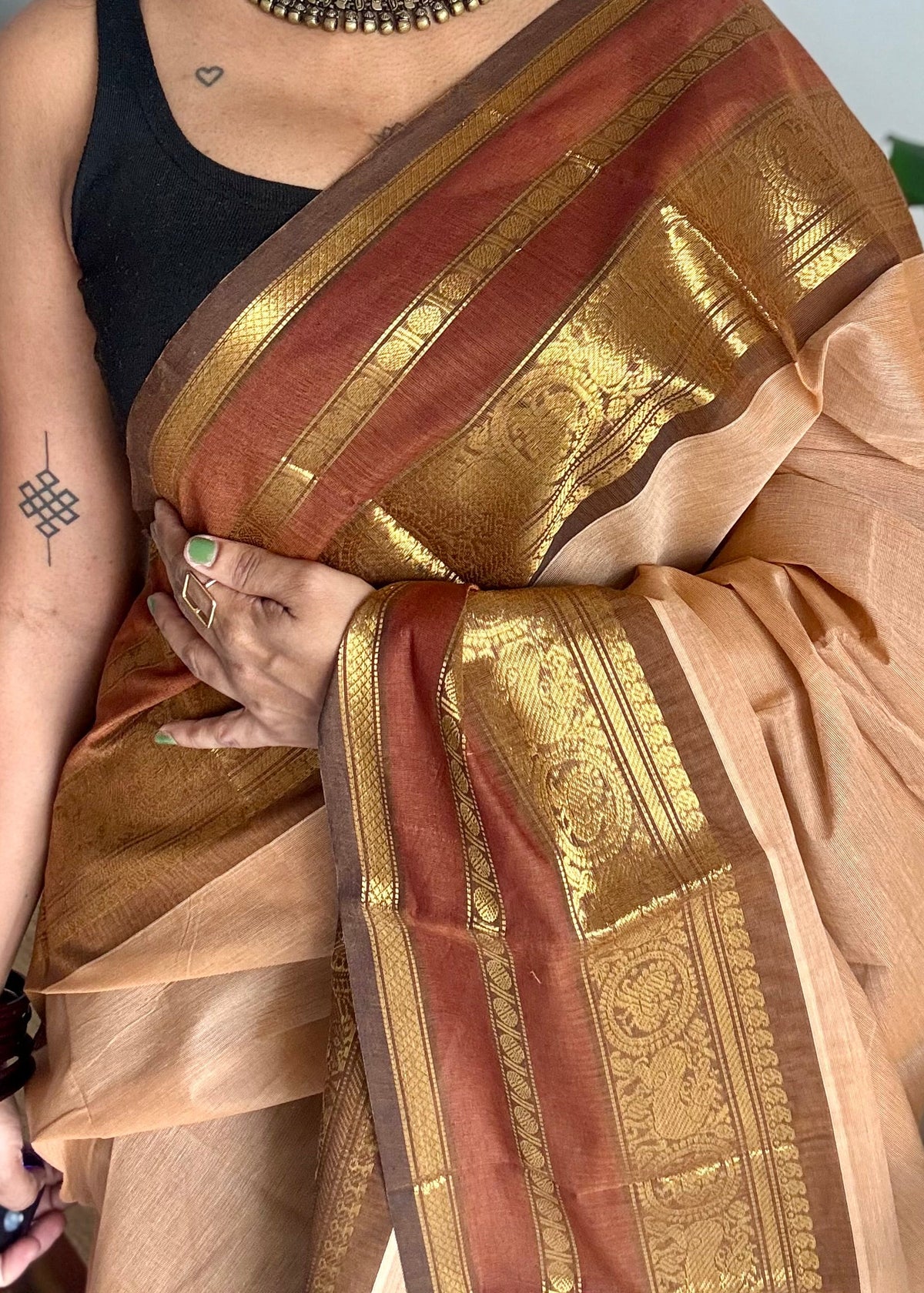 Sandal with brown gap zari border, chettinad cotton saree - YCCOTNCCOC120