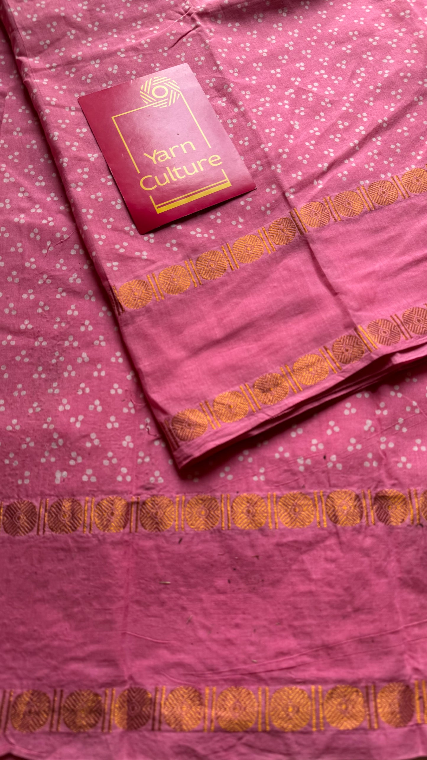 Pink wax dot printed sungudi, kattuchayam dyed madurai cotton saree - YCCOTNMA280