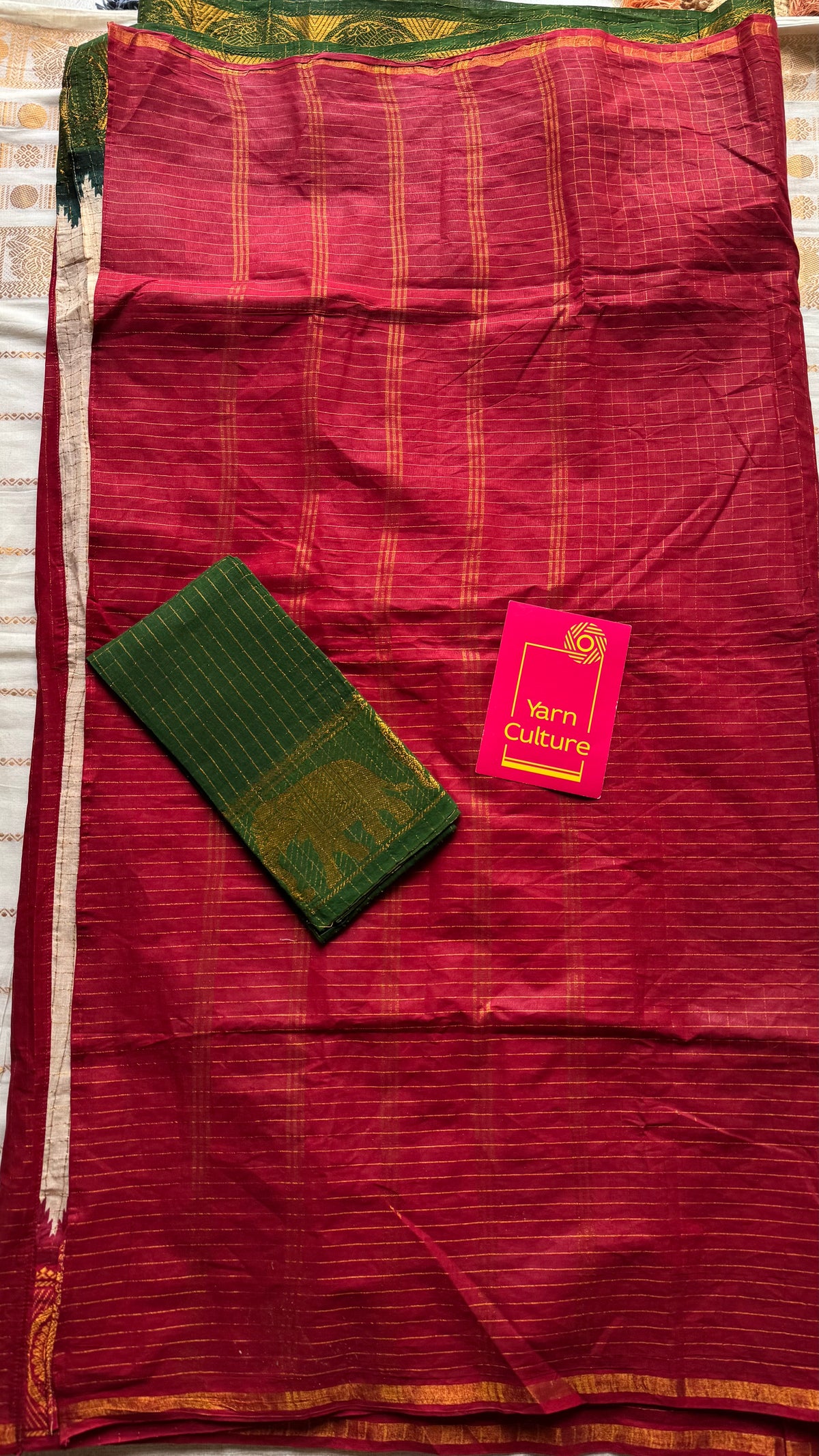 Red with cream and green, sungudi cotton half-half saree - YCCOTNIDOC12