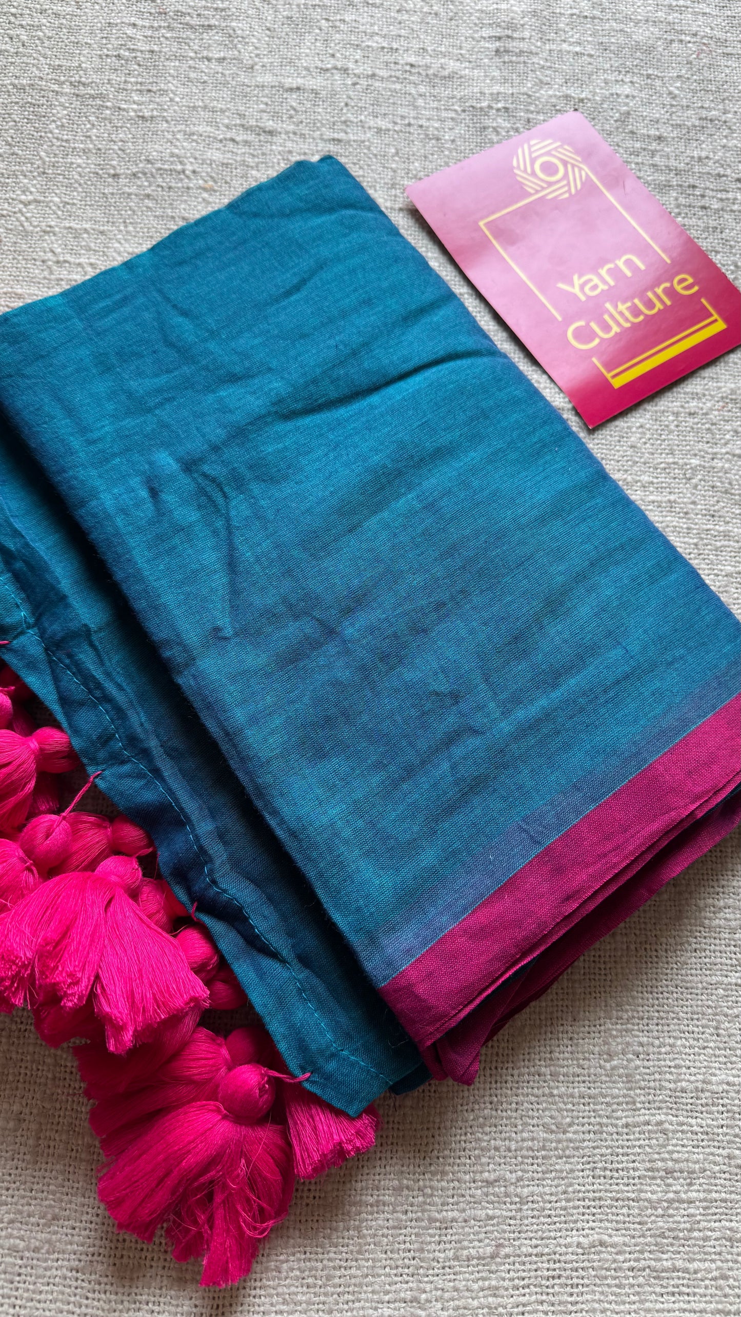 Peacock blue with dark pink border mul cotton saree - YCBCMCFE225