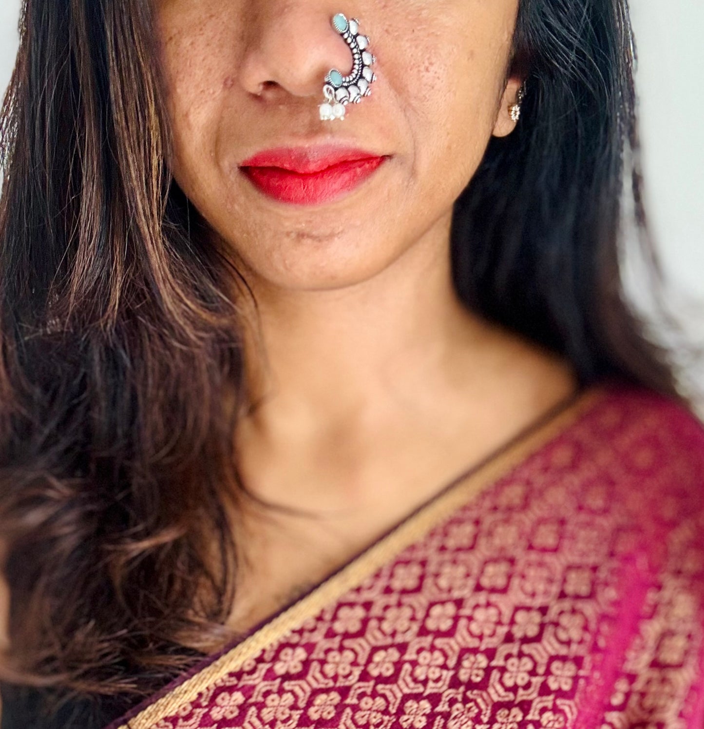 Oxidised silver, mint green, clip on Maharashtrian nath - YCOSNC199