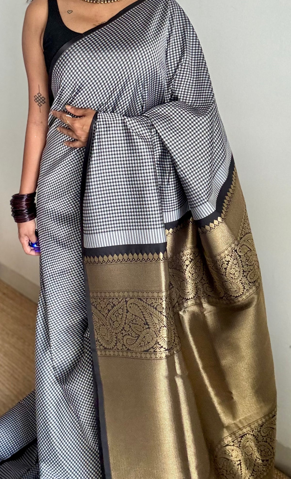 Black and white mini checks, Banarasi semi-katan silk saree with antique gold zari pallu - YCBLTOC93