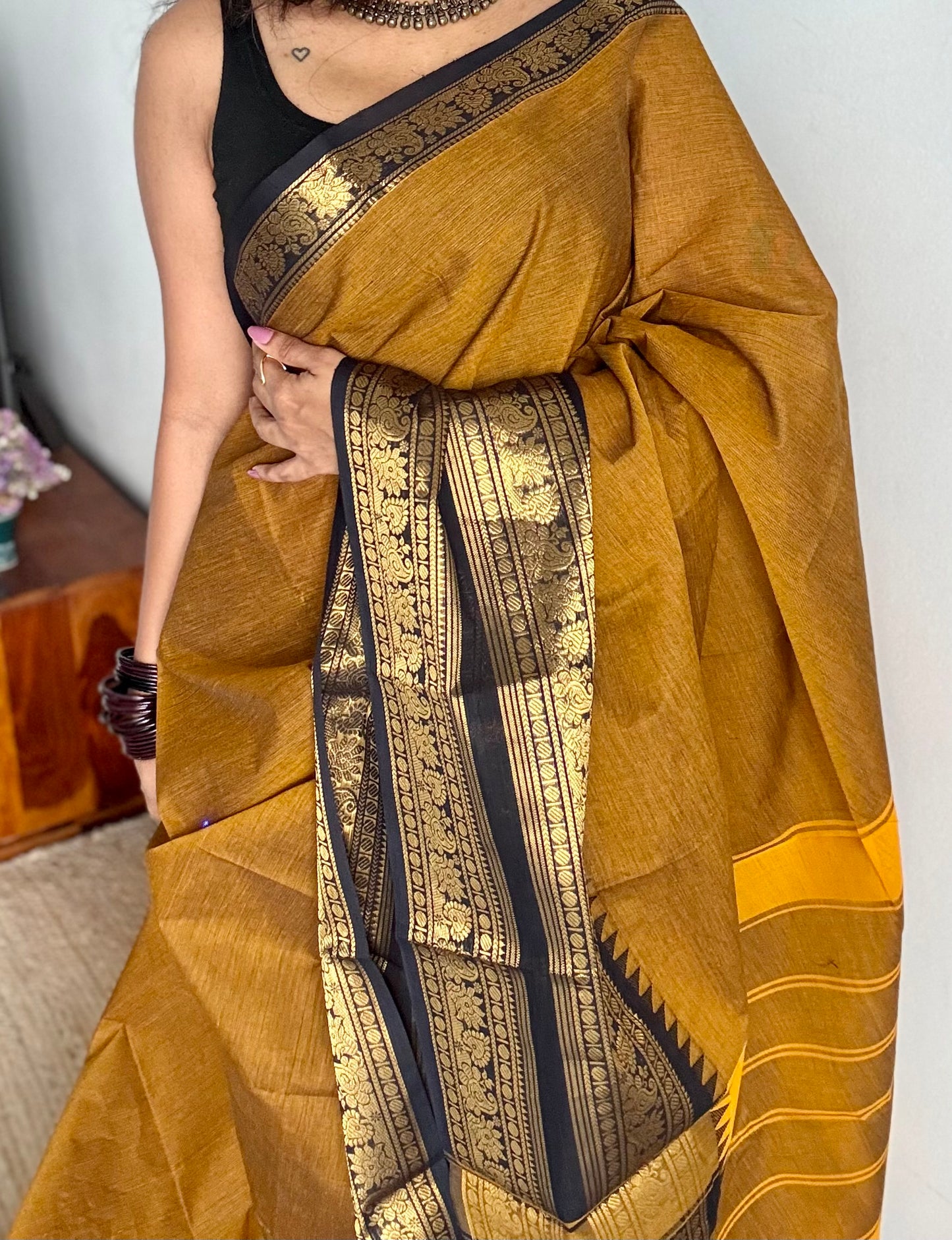 Mustard yellow with black, wide zari border, kanchi cotton - YCCOTNKCJA212