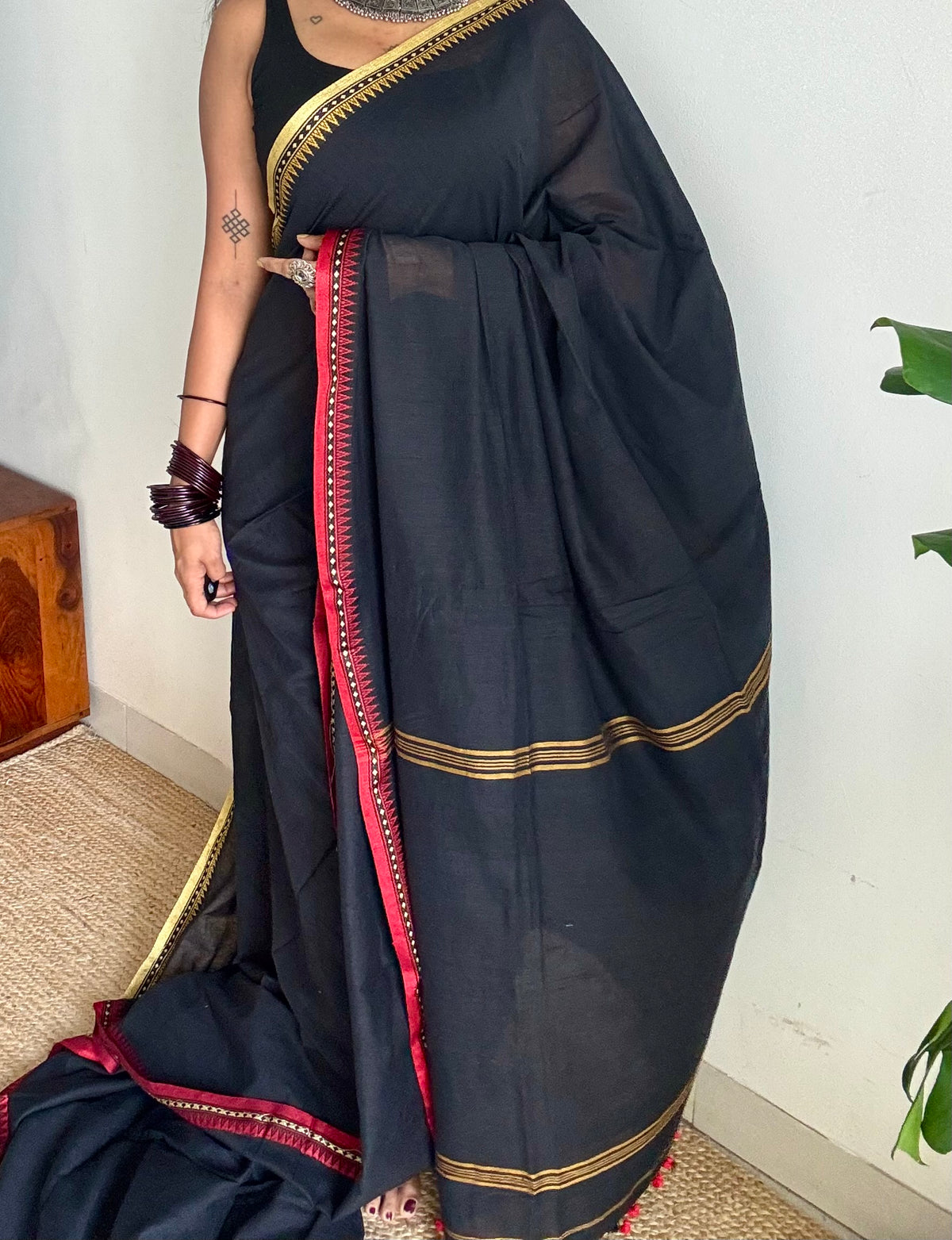 Handloom Bengal soft cotton saree, black with cream and red woven dual tone borders - YCBCMCSE42