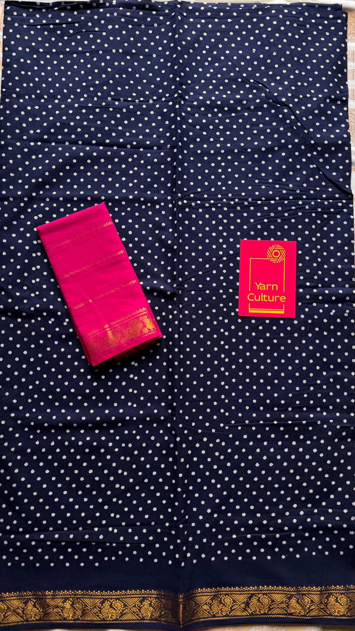 Dark blue sungudi dotted, single-side border, kattuchayam dyed madurai cotton saree - YCCOTNMSSE02