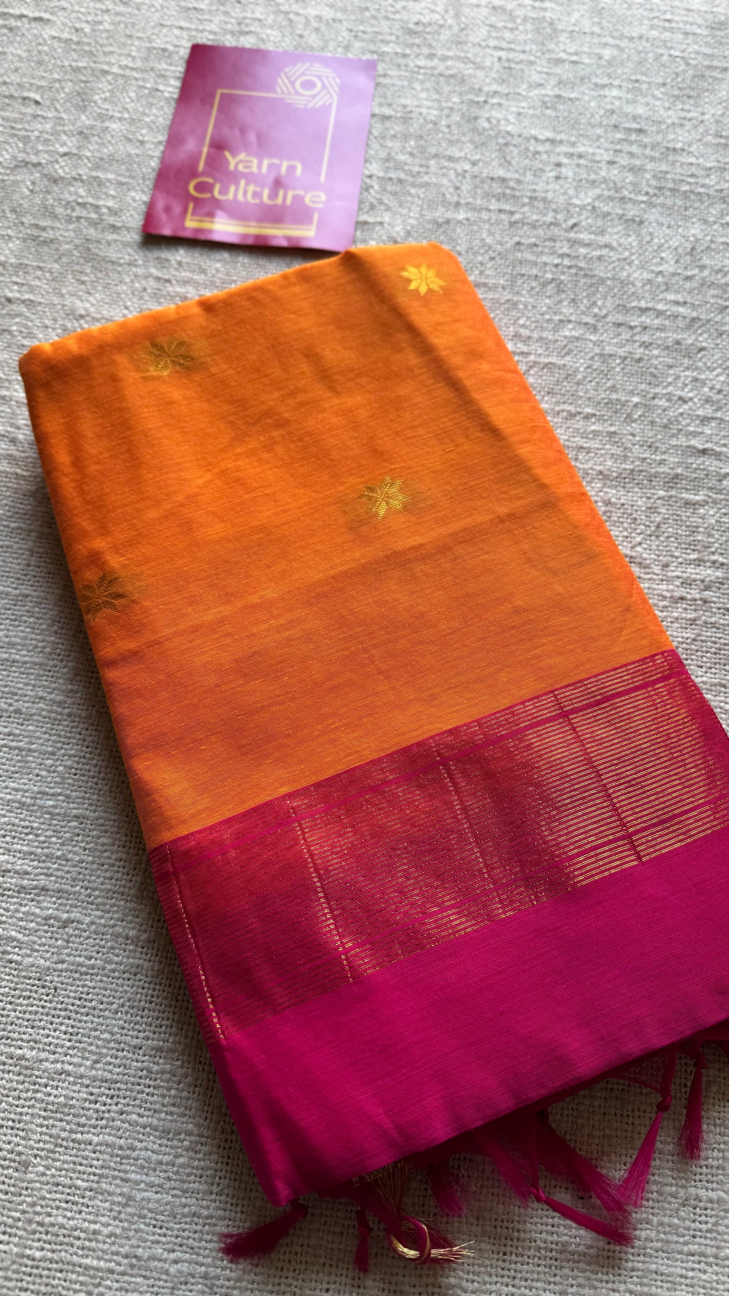 Orange with rani pink, gold buttas, semi maheshwari cotton silk - YCCOTNCSDE88