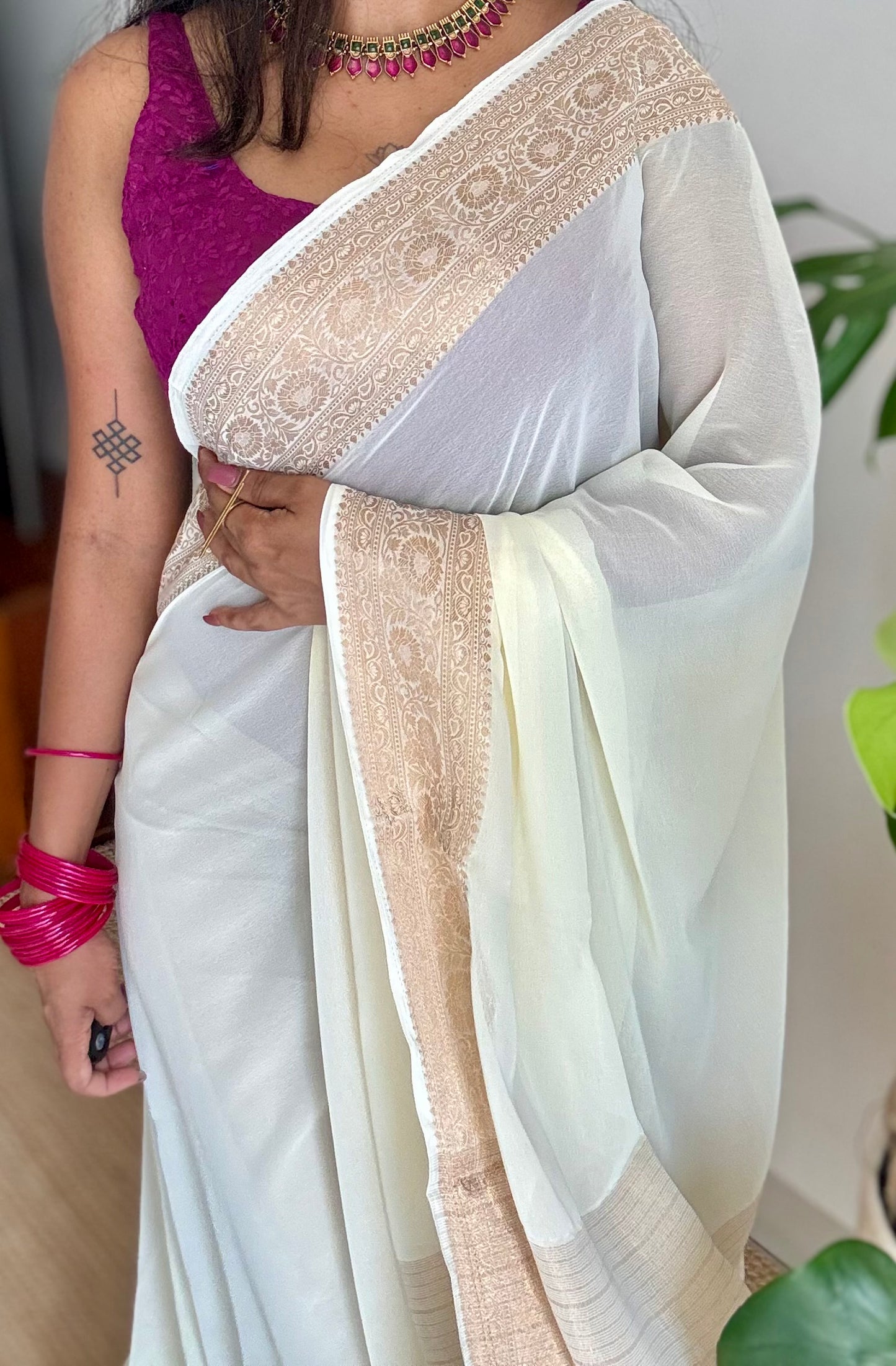 Ivory soft georgette saree, with antique gold zari border - YCIEON87