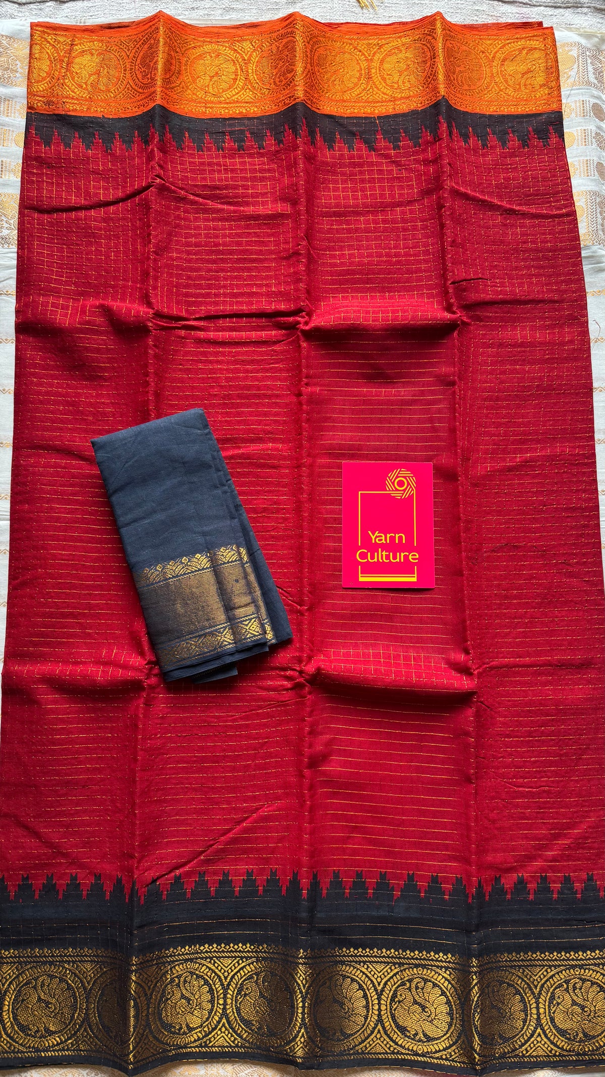 Sungudi cotton checks, red base, orange and black dual tone border, soft cotton - YCCOTNMSSE12