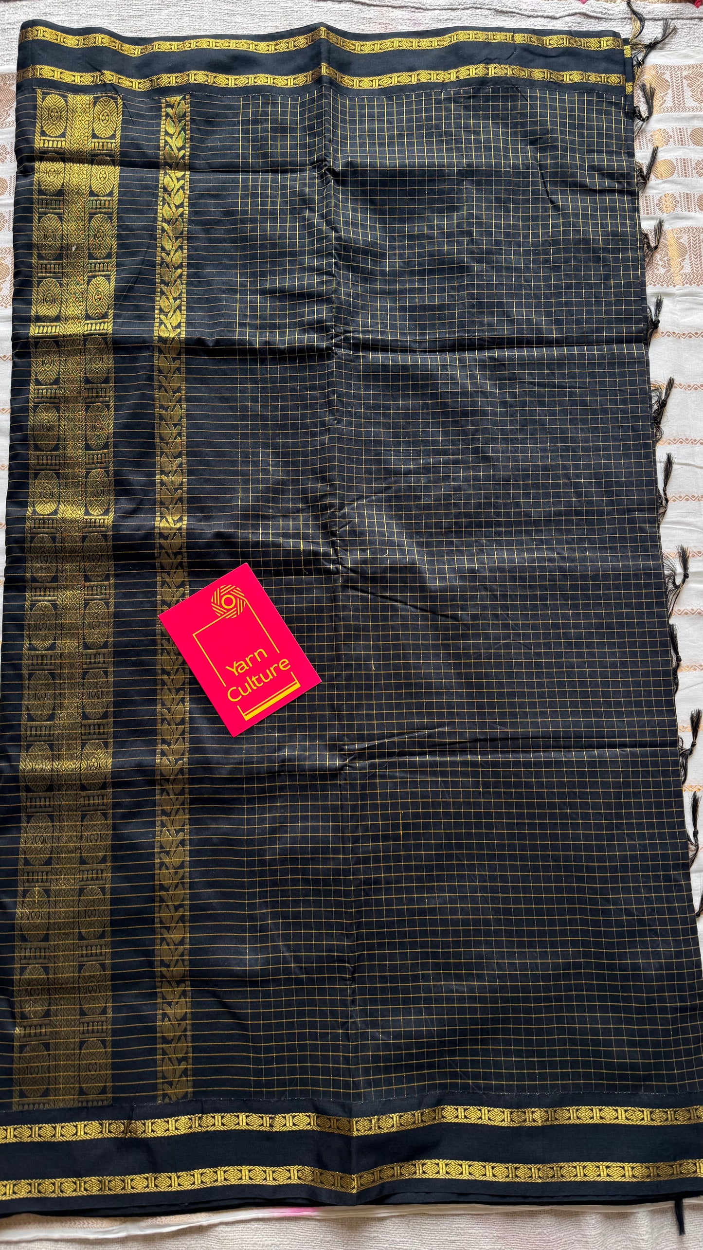 Black, arani zari checks saree, cotton silk - YCCOTNAUG16