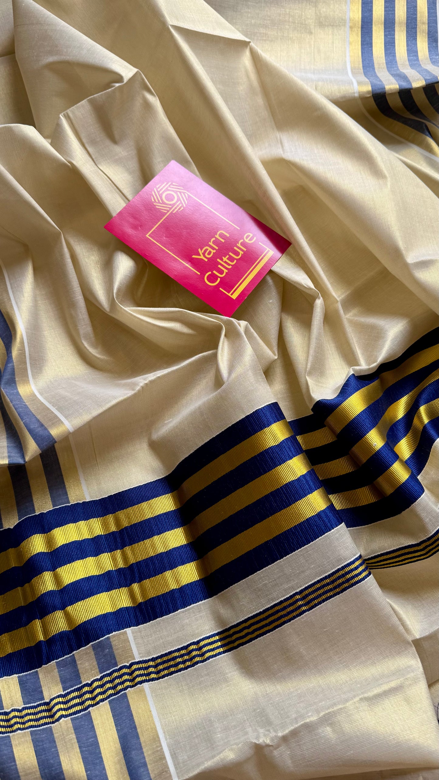 Ivory and gold soft tissue cotton saree, royal blue border - YCIEON66