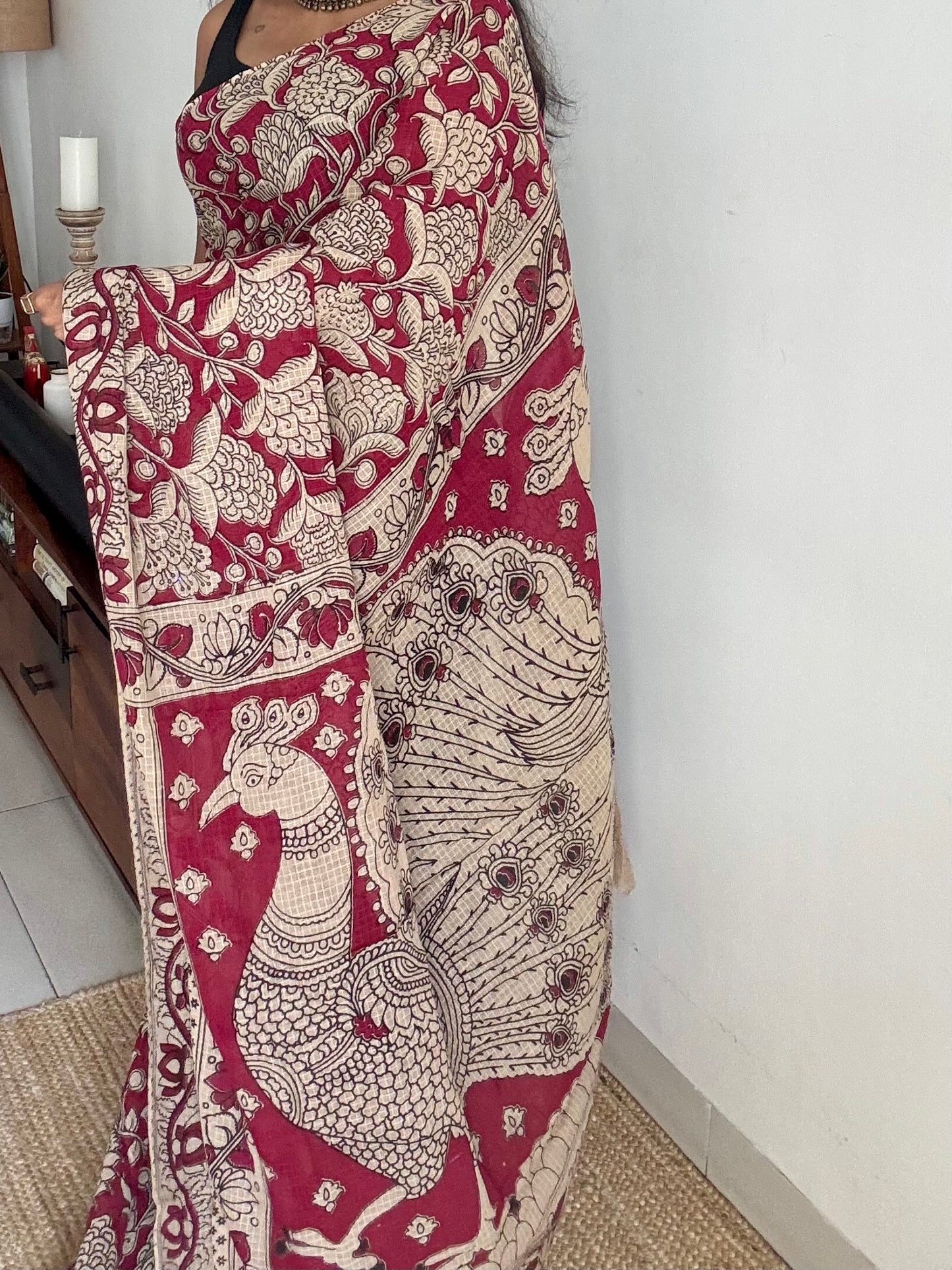 Crimson floral kalamkari saree in kota - YCWOTDMA354