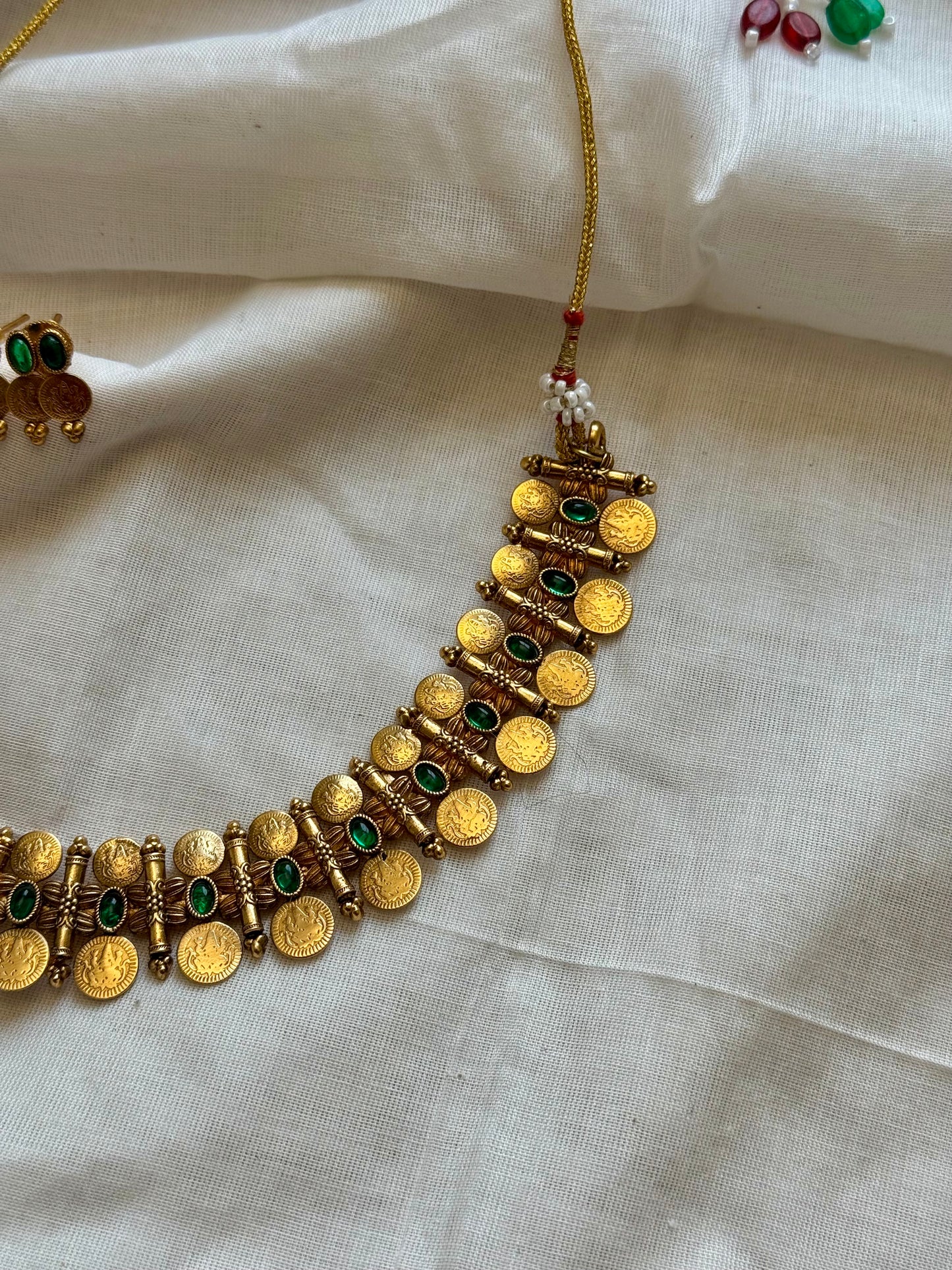 Coin necklace with green stones, with earrings - YCGPNP609
