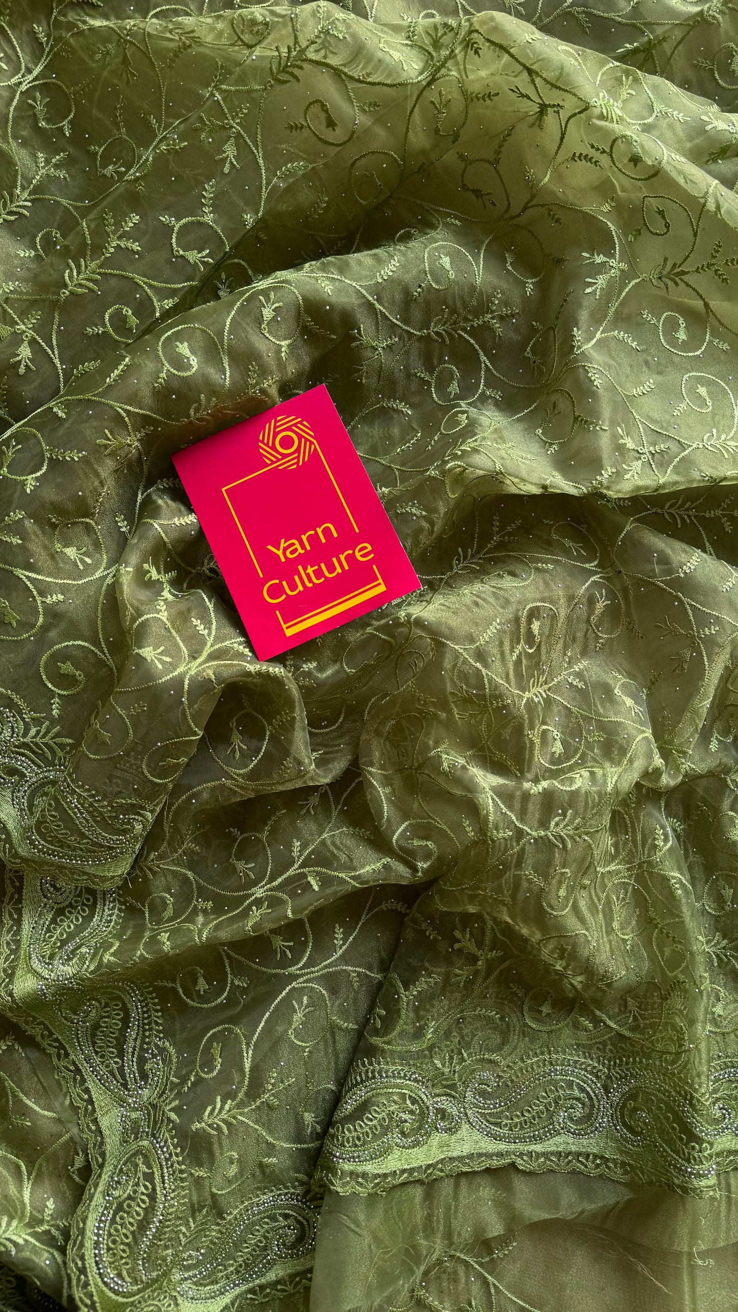 Olive Confetti - green organza, with theadwork and sequins - YCDOSNO32