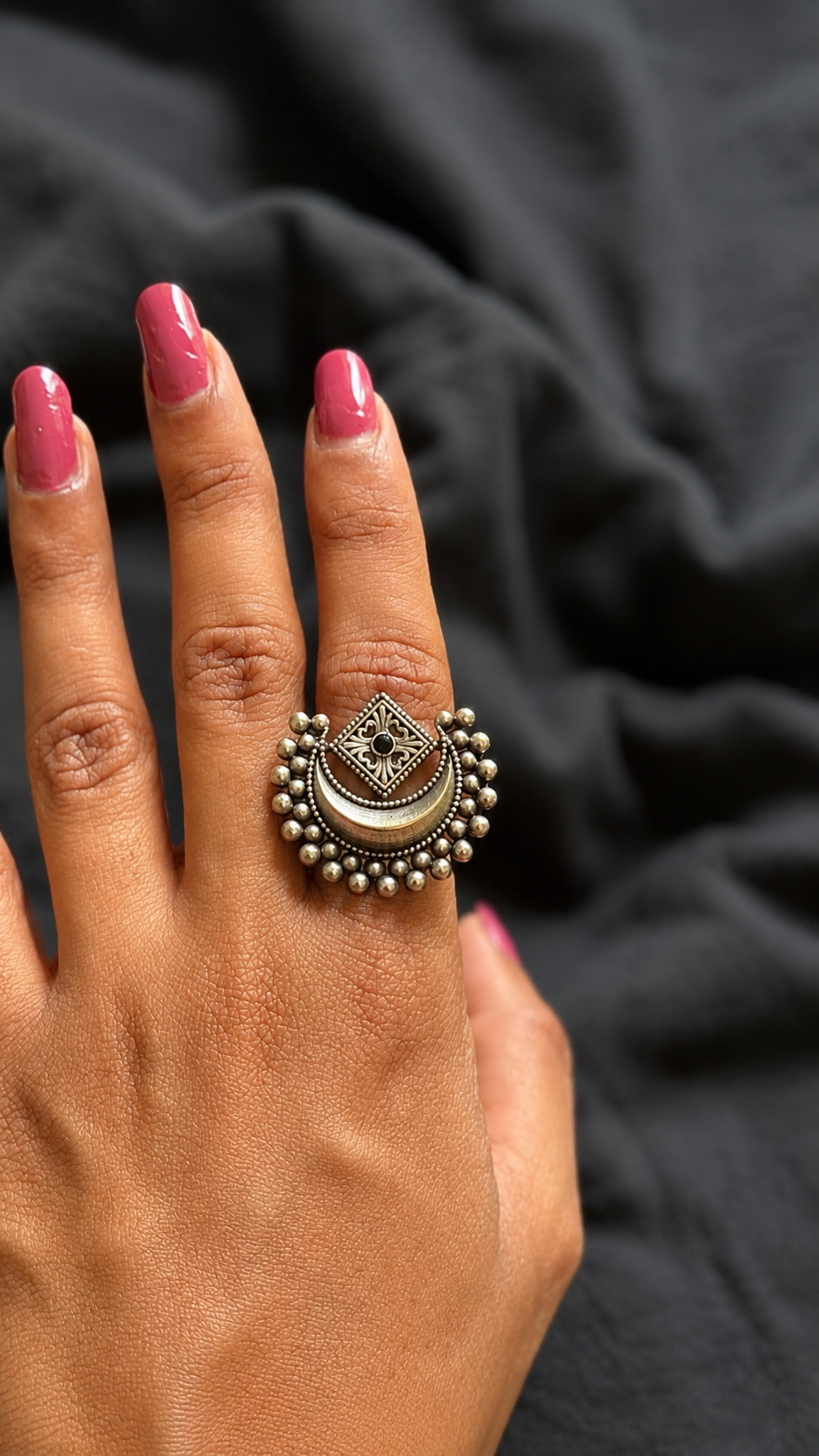 Adjustable ring, half moon ring, black stone - YCOSFR600