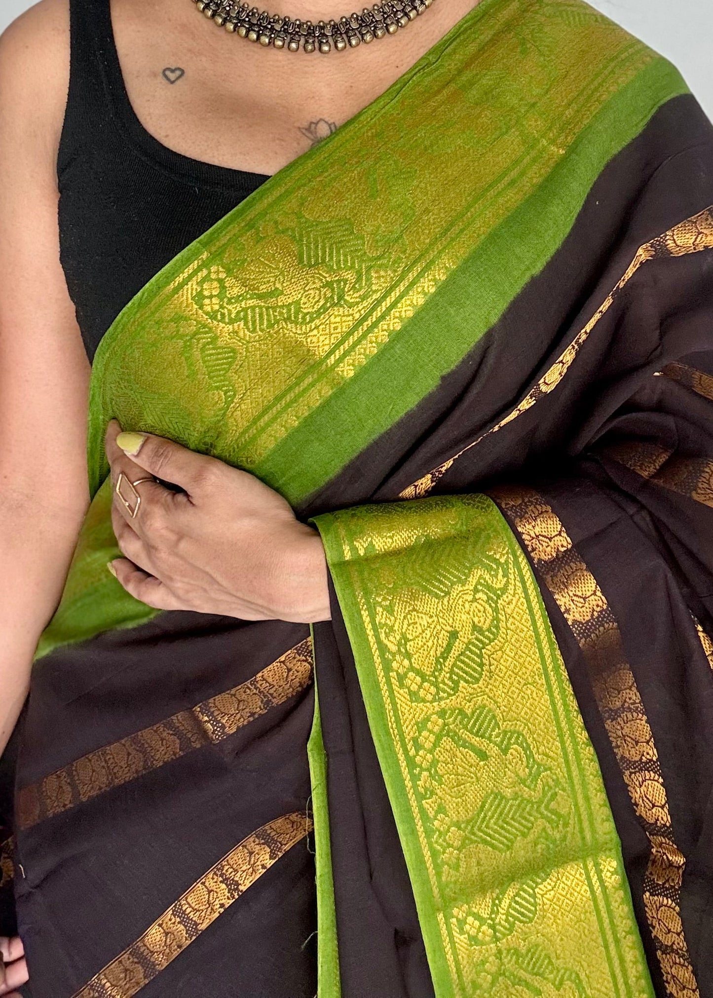 Black with green, multi peacock motif lines, kattuchayam dyed sungudi cotton - YCCOTNJUCC14